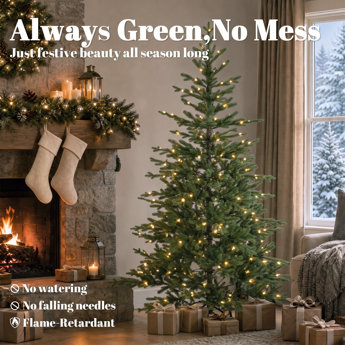 7ft Prelit Sparse Christmas Tree, Artificial Downswept Hinged Xmas Tree with 300 Warm White LED Lights, 8 Modes, 2517 Tips, Metal Stand, Green