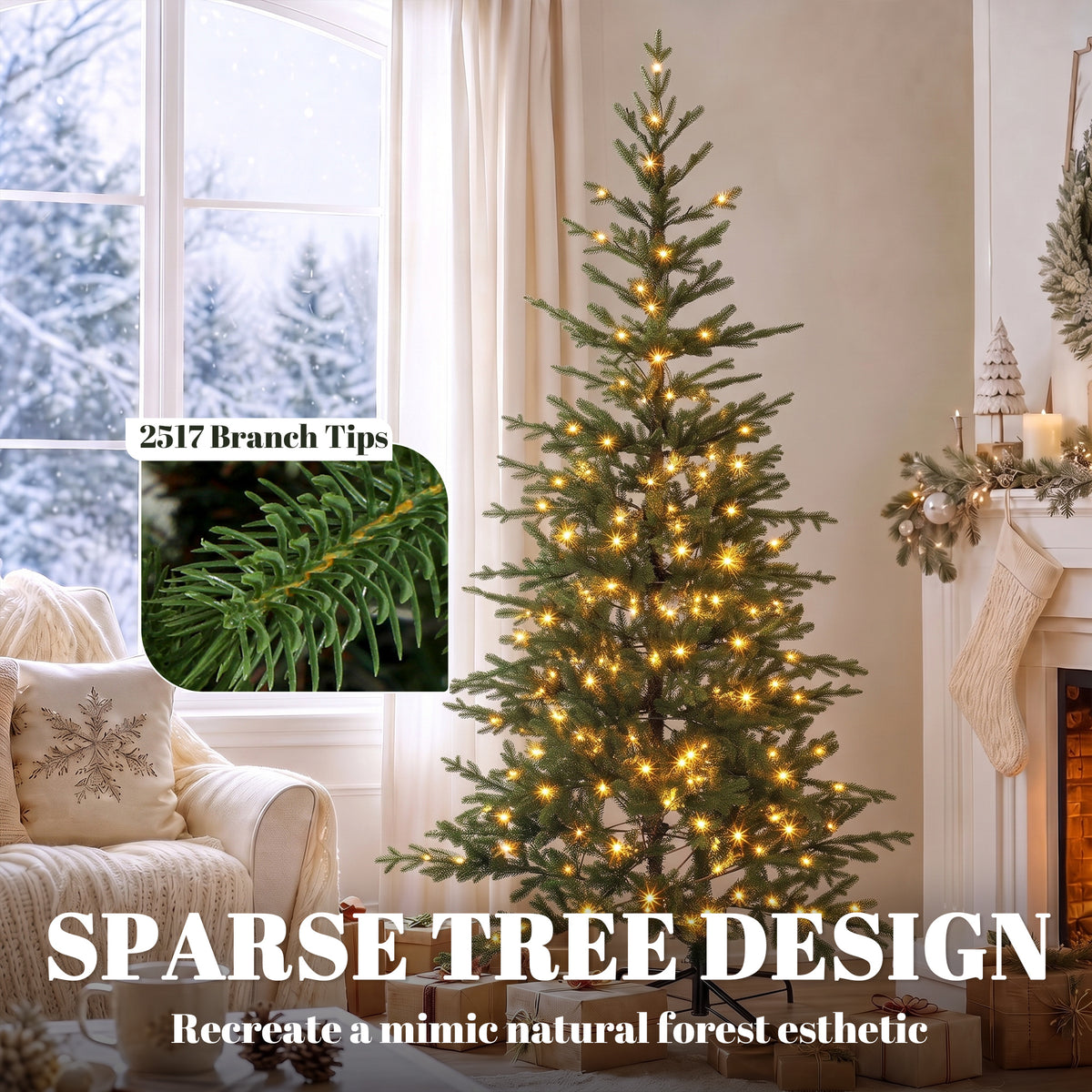 7ft Prelit Sparse Christmas Tree, Artificial Downswept Hinged Xmas Tree with 300 Warm White LED Lights, 8 Modes, 2517 Tips, Metal Stand, Green