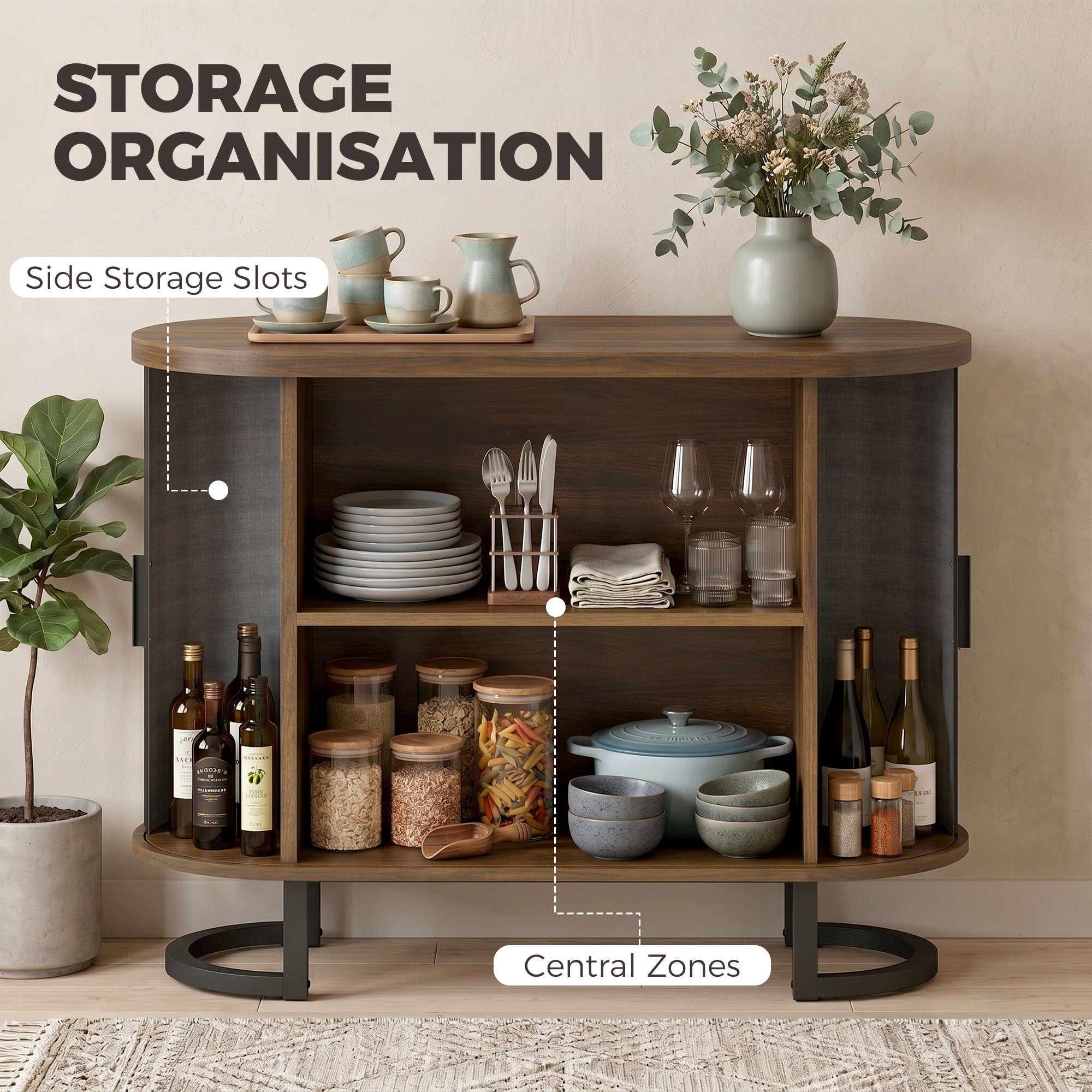 Sideboard Buffet Cabinet with Curved Tambour Doors and Thick Tabletop, 39.4" Coffee Bar Cabinet with Arc Metal Legs, Coffee Bar Station, Brown Wood Grain and Black