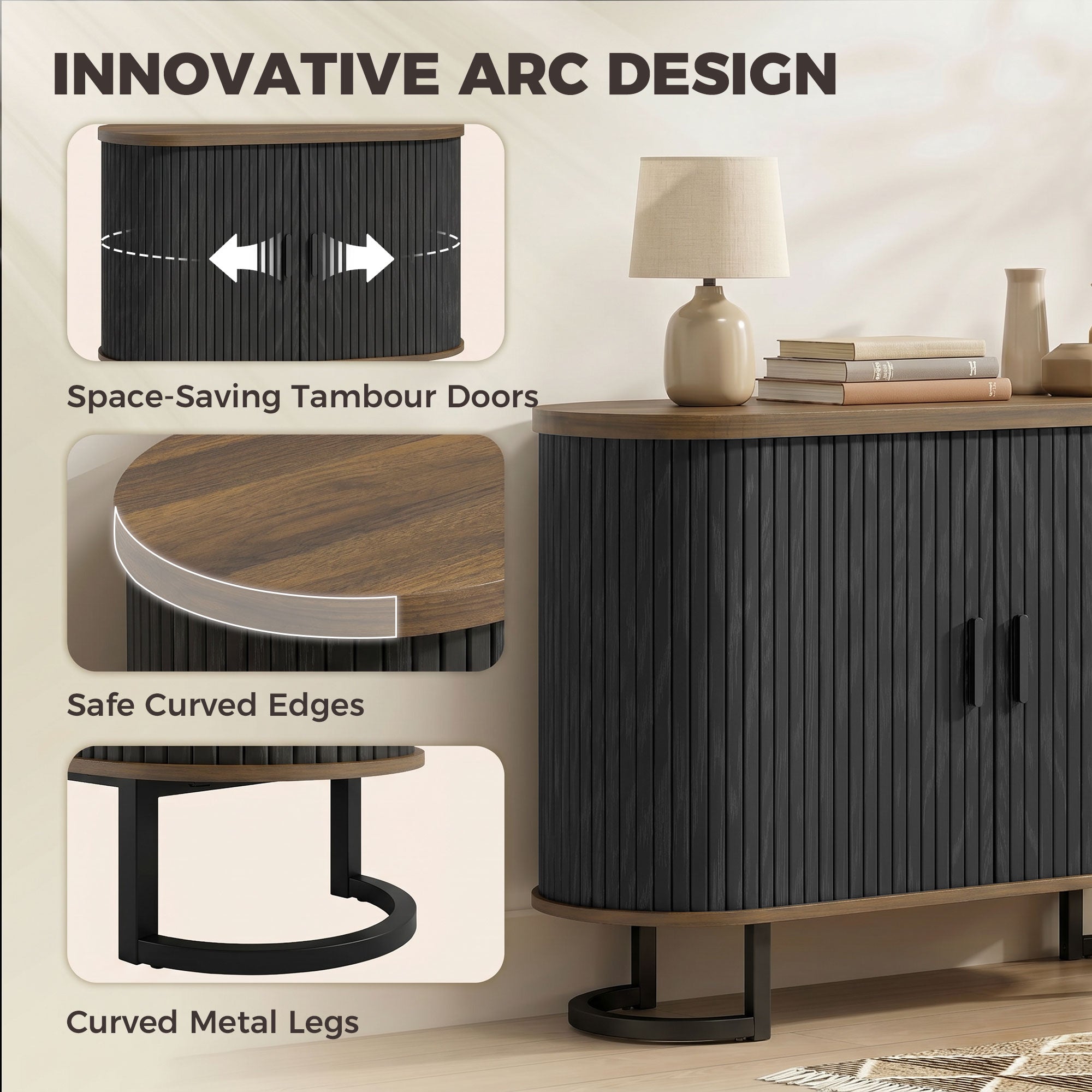 Sideboard Buffet Cabinet with Curved Tambour Doors and Thick Tabletop, 39.4" Coffee Bar Cabinet with Arc Metal Legs, Coffee Bar Station, Brown Wood Grain and Black