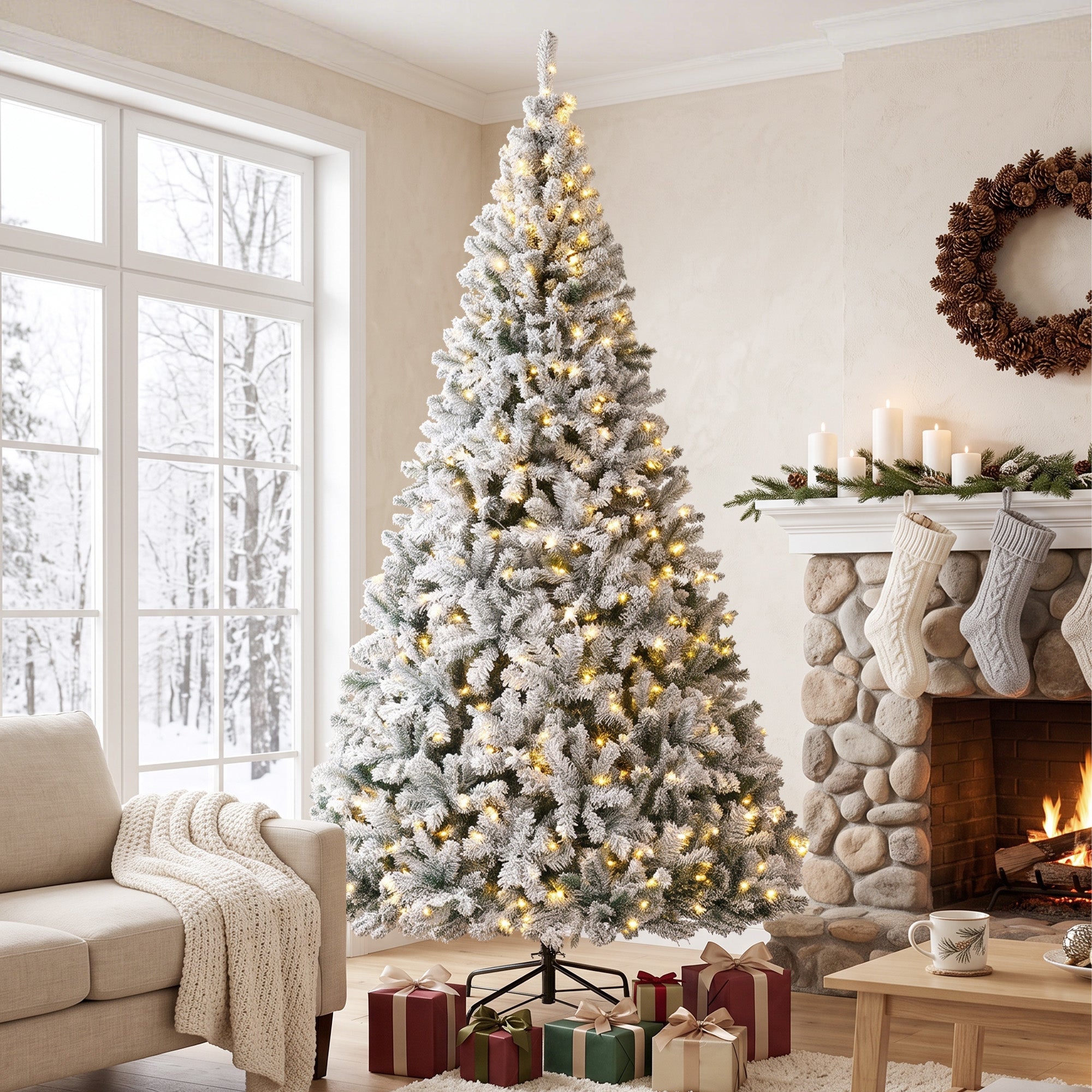9ft Flocked Prelit Christmas Tree, Fraser Fir, Hinged Xmas Tree with 1852 Branch Tips, 600 Warm White LED Lights, Foldable Metal Base for Indoor Holiday Decor, Green White