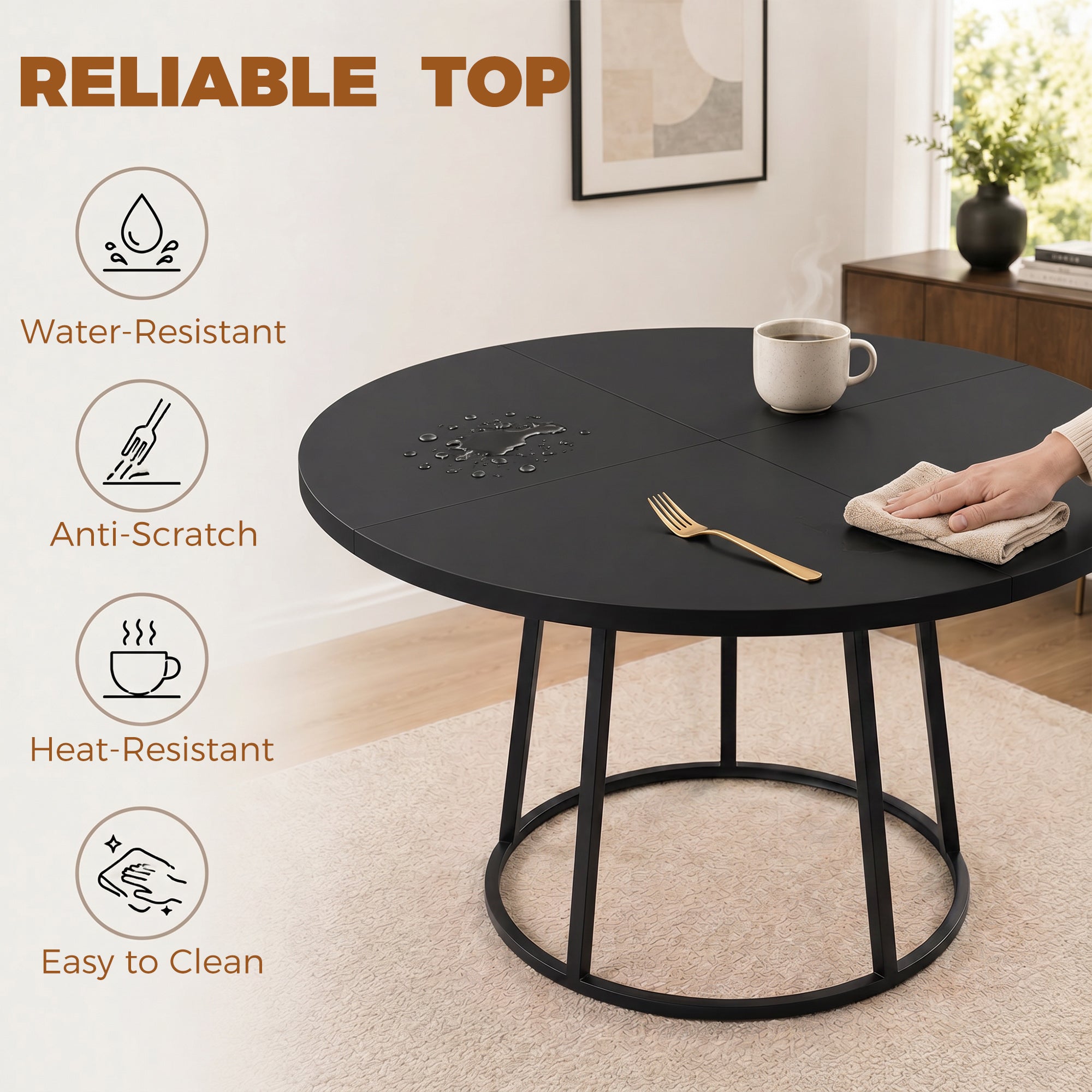 Modern Industrial Dining Table for 4-6 People, 120 cm Round Kitchen Table with Spliced Top and Conical Metal Base for Dining Room, Kitchen, Living Room, Black
