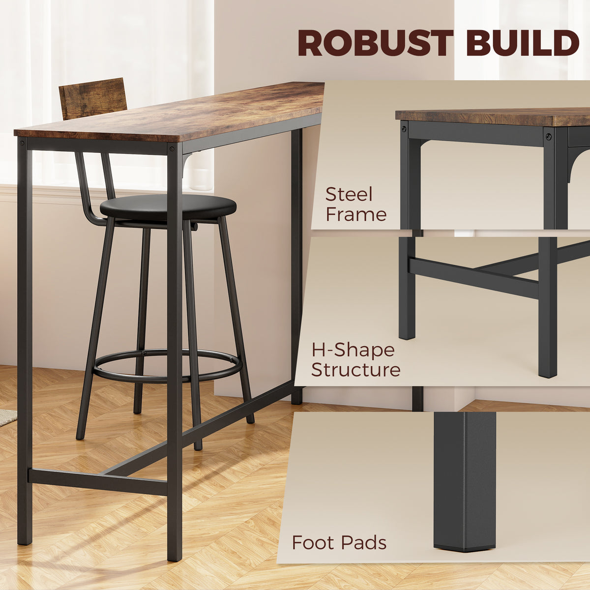 4 Piece Counter Height Bar Table Set, Kitchen Dining Table with 3 Upholstered Stools, Footrests, Space-Saving Pub Table & Chairs for Dining Room, Living Room, Rustic Brown
