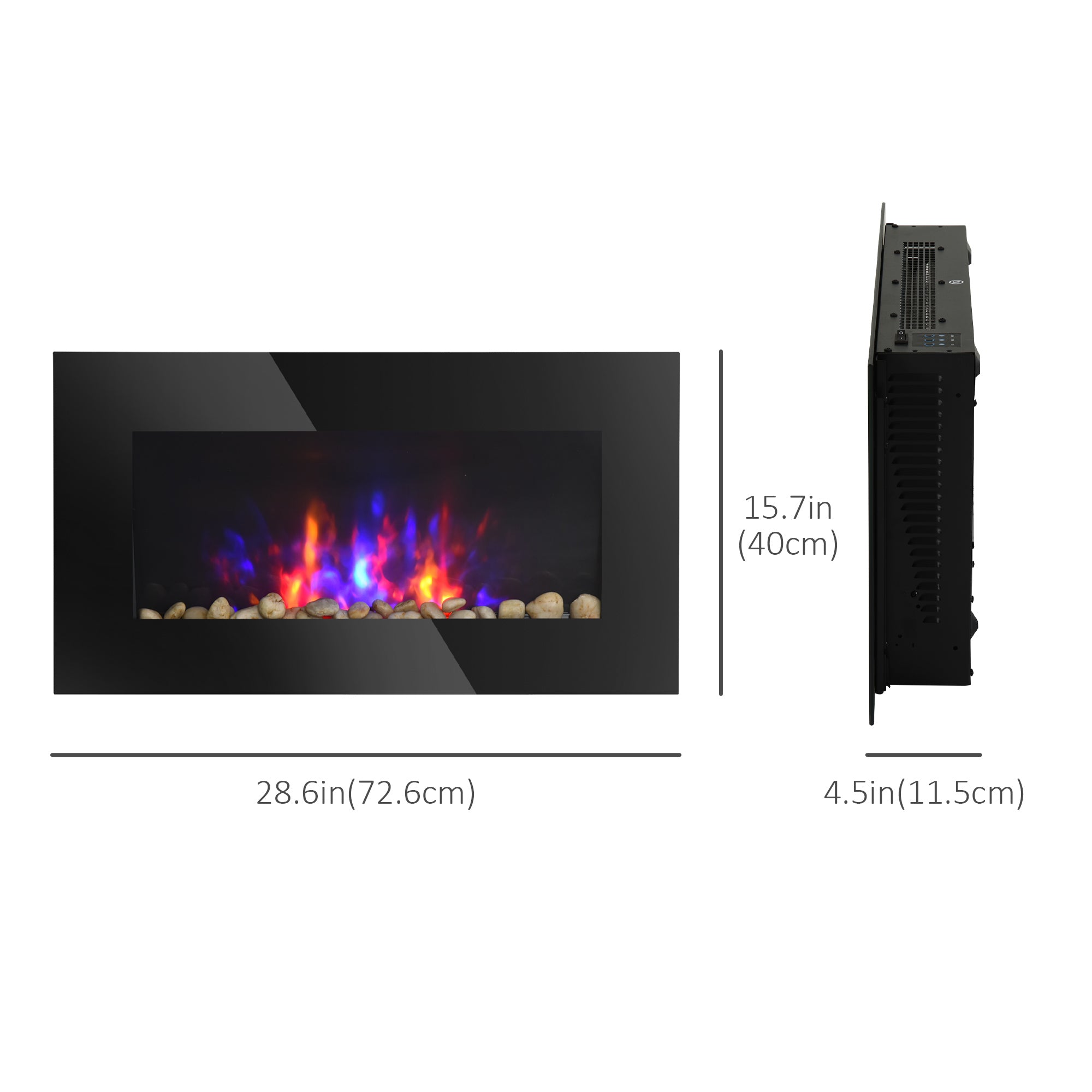 28 Inch Electric Fireplace, Wall Mounted Fireplace with Patented 7 Colour Adjustable LED Flame Effect, Remote Control, 2 Modes Heat, 750/1500W Heater for Living Room, Black