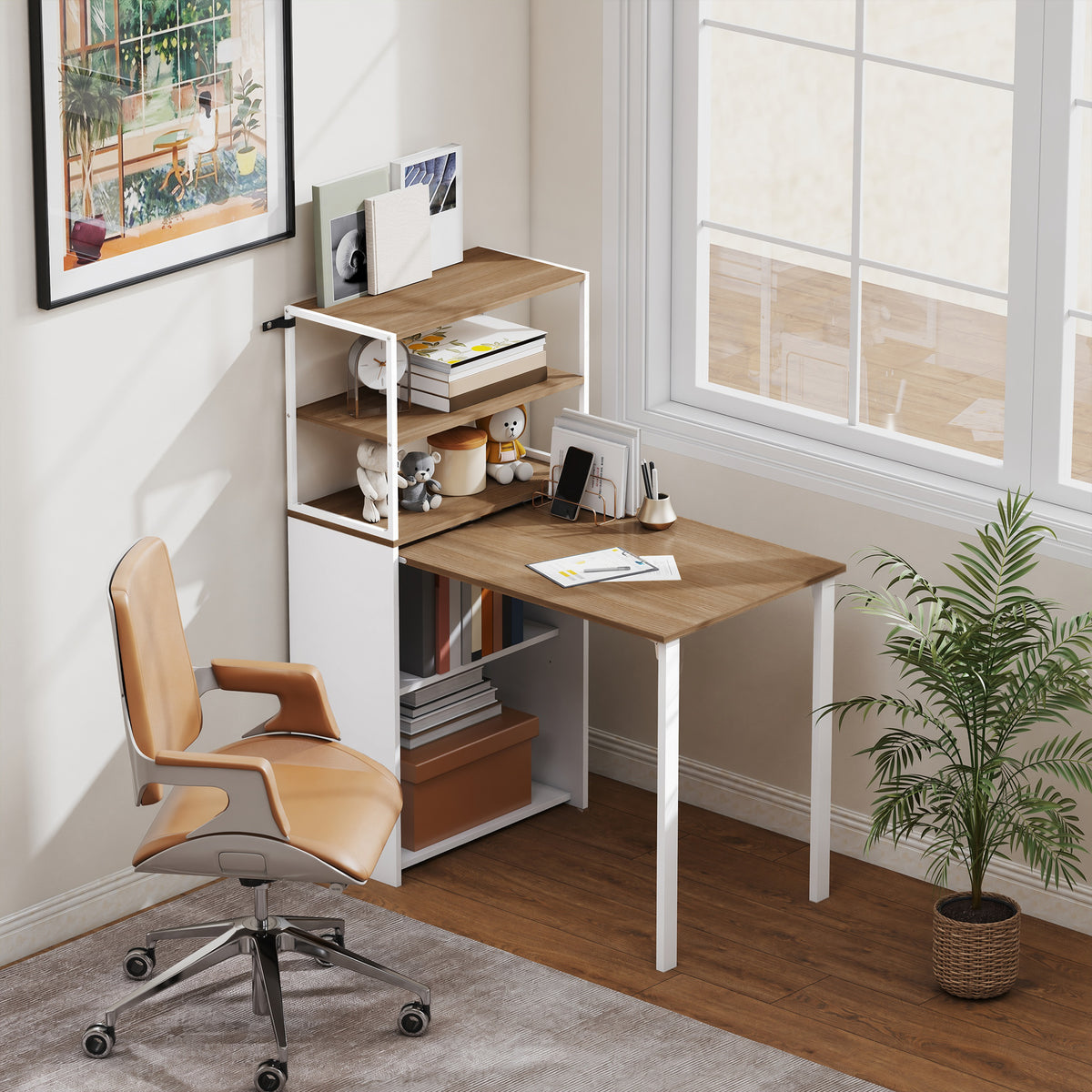 Folding Computer Desk with 4-Tier Bookshelf, 41" Space-Saving Home Office Desk, 2-in-1 Compact Industrial Office Table for Small Spaces, Home Office, Natural