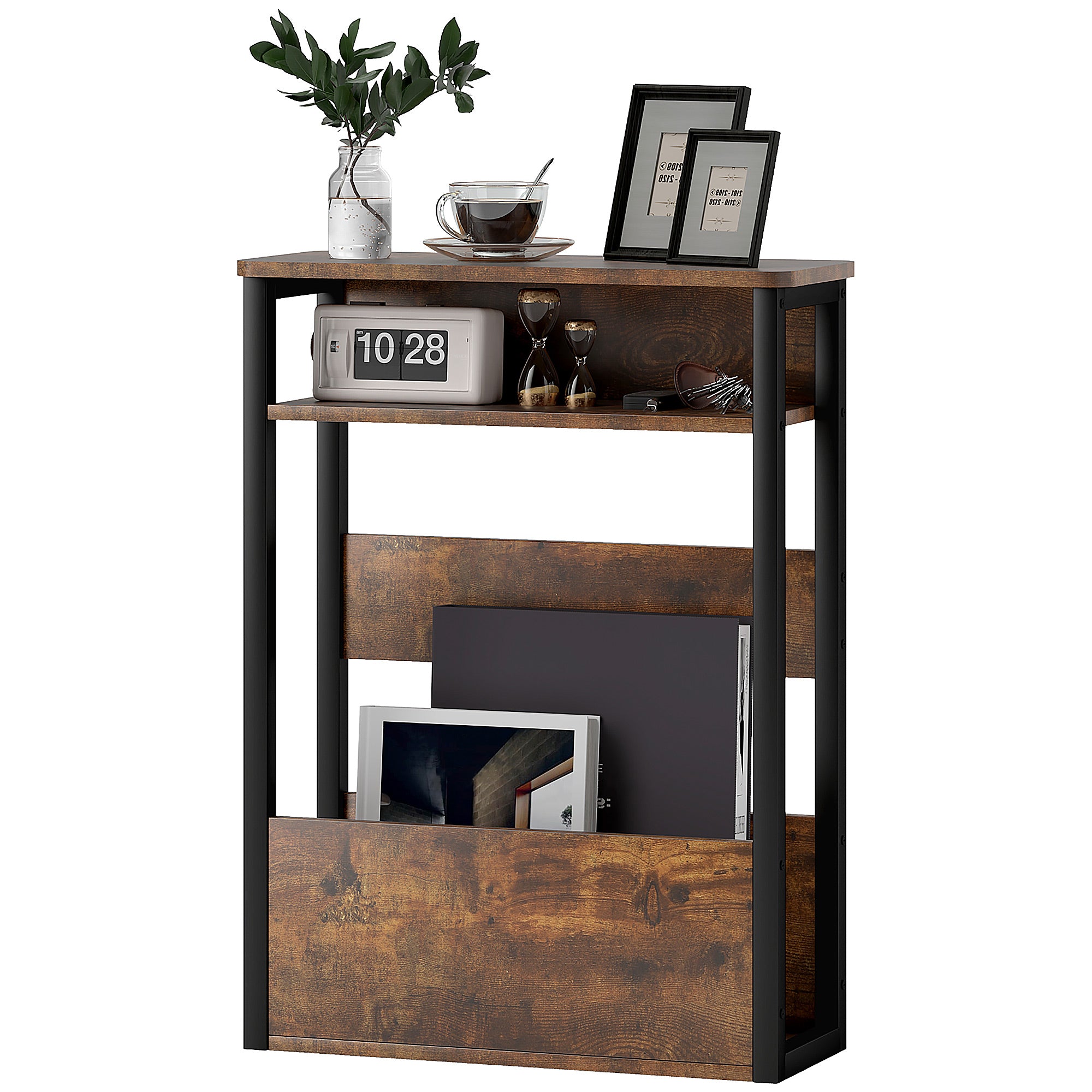 HOMCOM Side Table, Narrow Bedside Table with 2 Storage Shelves, Industrial Sofa End Table with Metal Frame for Living Room, Bedroom, Rustic Brown