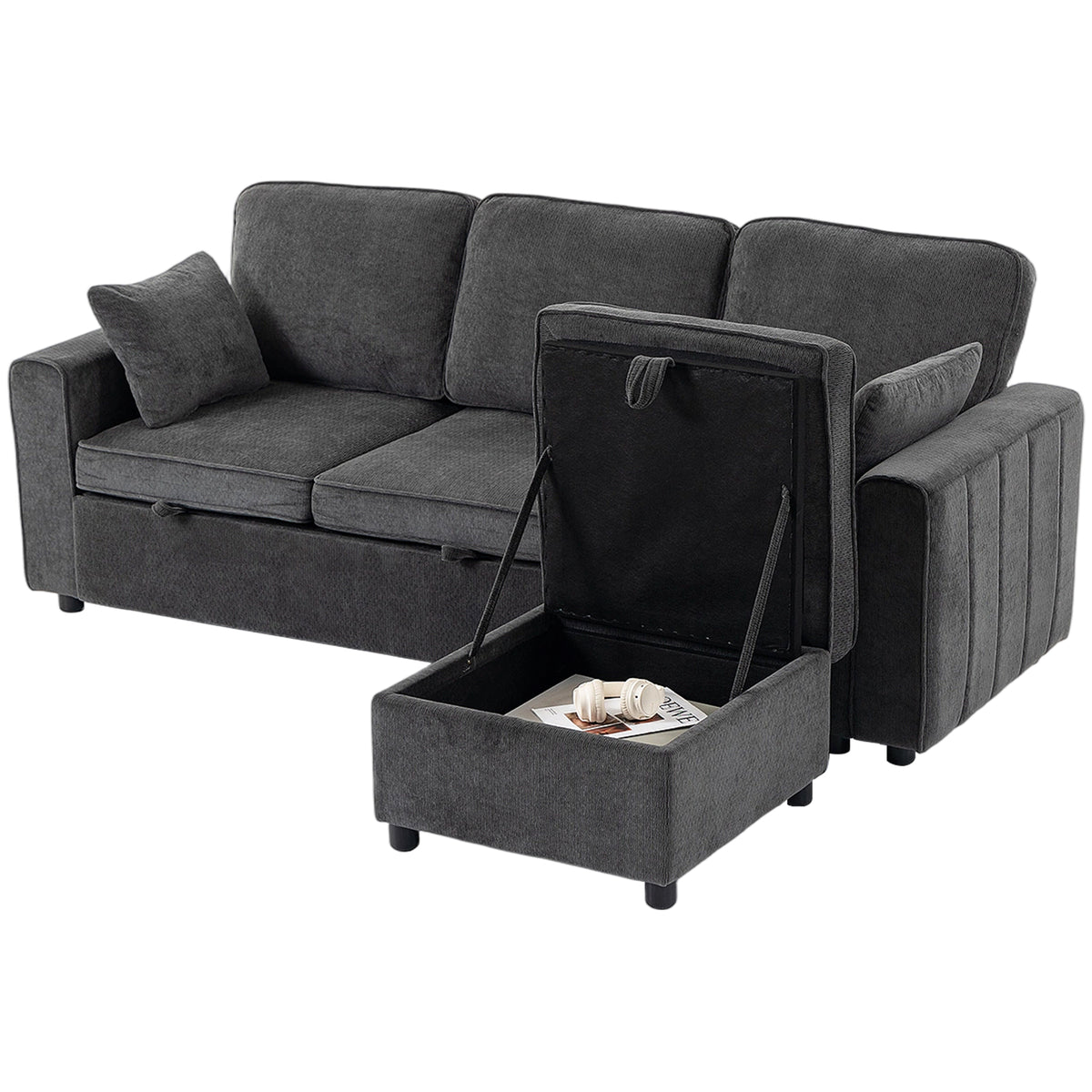 Modular Sectional Sofa Bed with Reversible Storage Ottoman, Chenille Pull Out Sleeper Sofa with Spring Cushion, Wide and Deep Seat, 3 Seater Couch for Living Room, Dark Grey