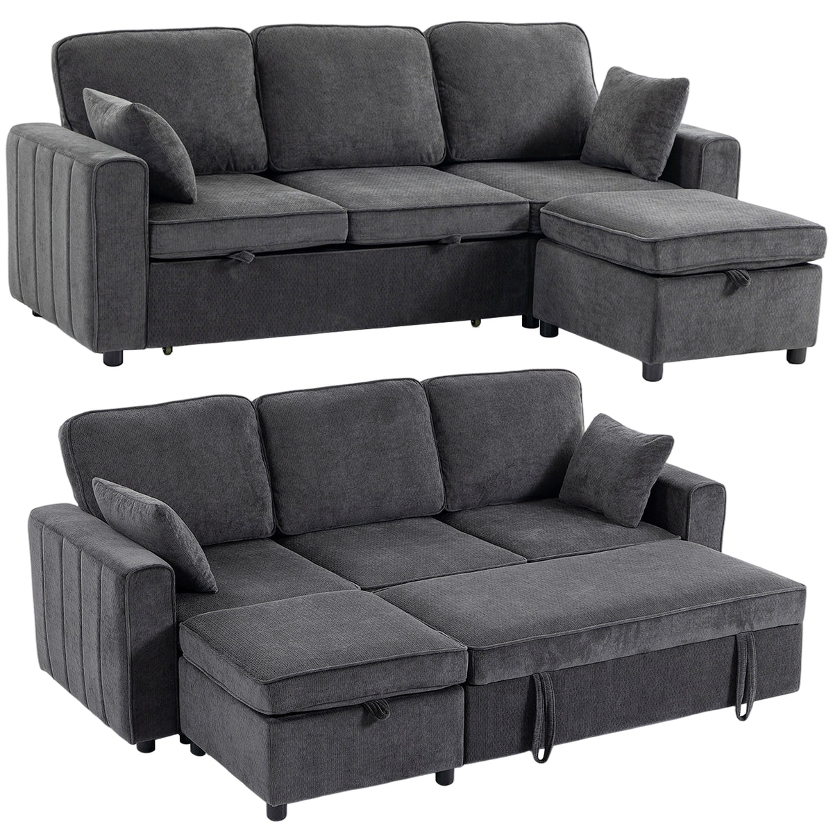 Modular Sectional Sofa Bed with Reversible Storage Ottoman, Chenille Pull Out Sleeper Sofa with Spring Cushion, Wide and Deep Seat, 3 Seater Couch for Living Room, Dark Grey