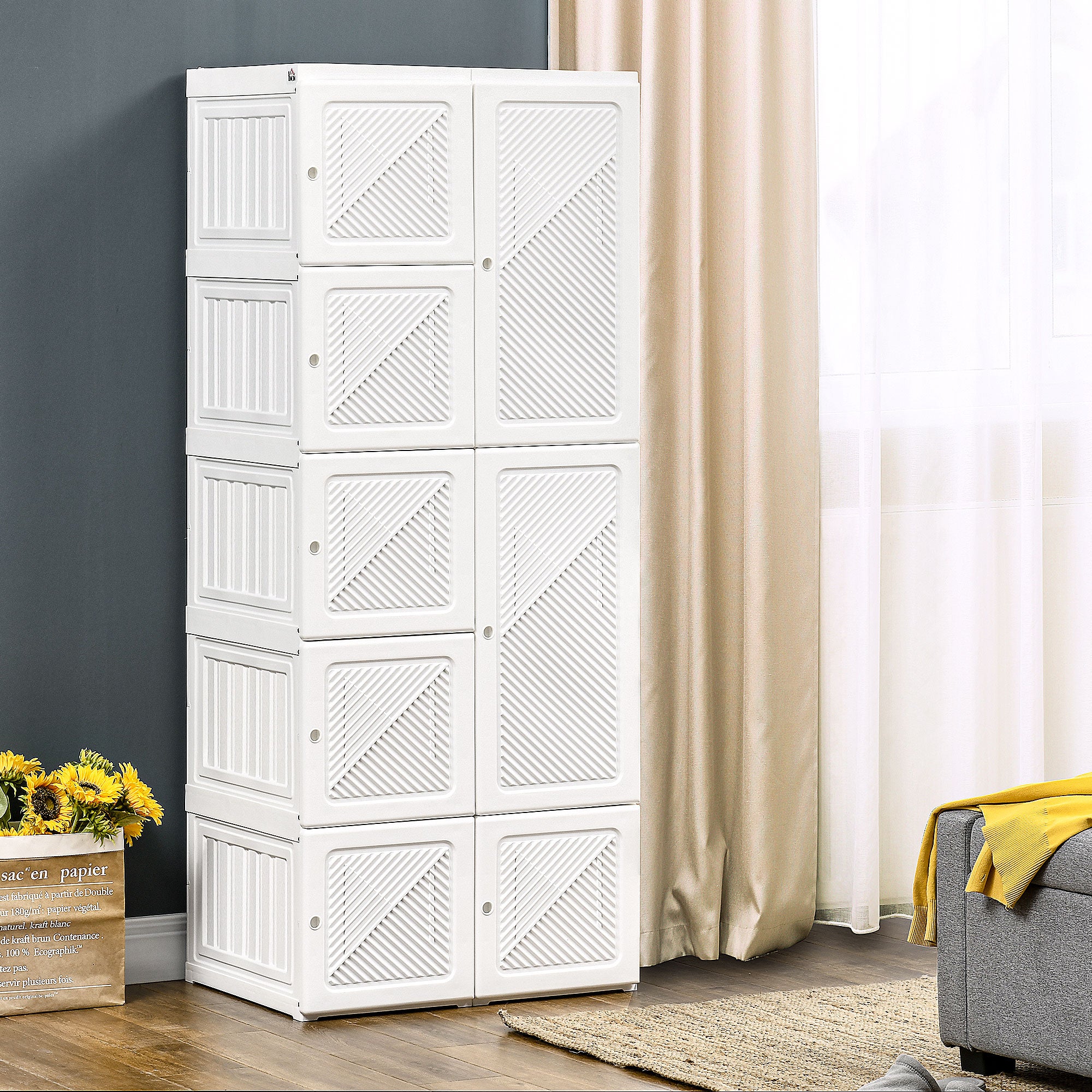 Portable Wardrobe Closet, Folding Armoire Clothes Organizer w/ 6 Cube Compartments, White