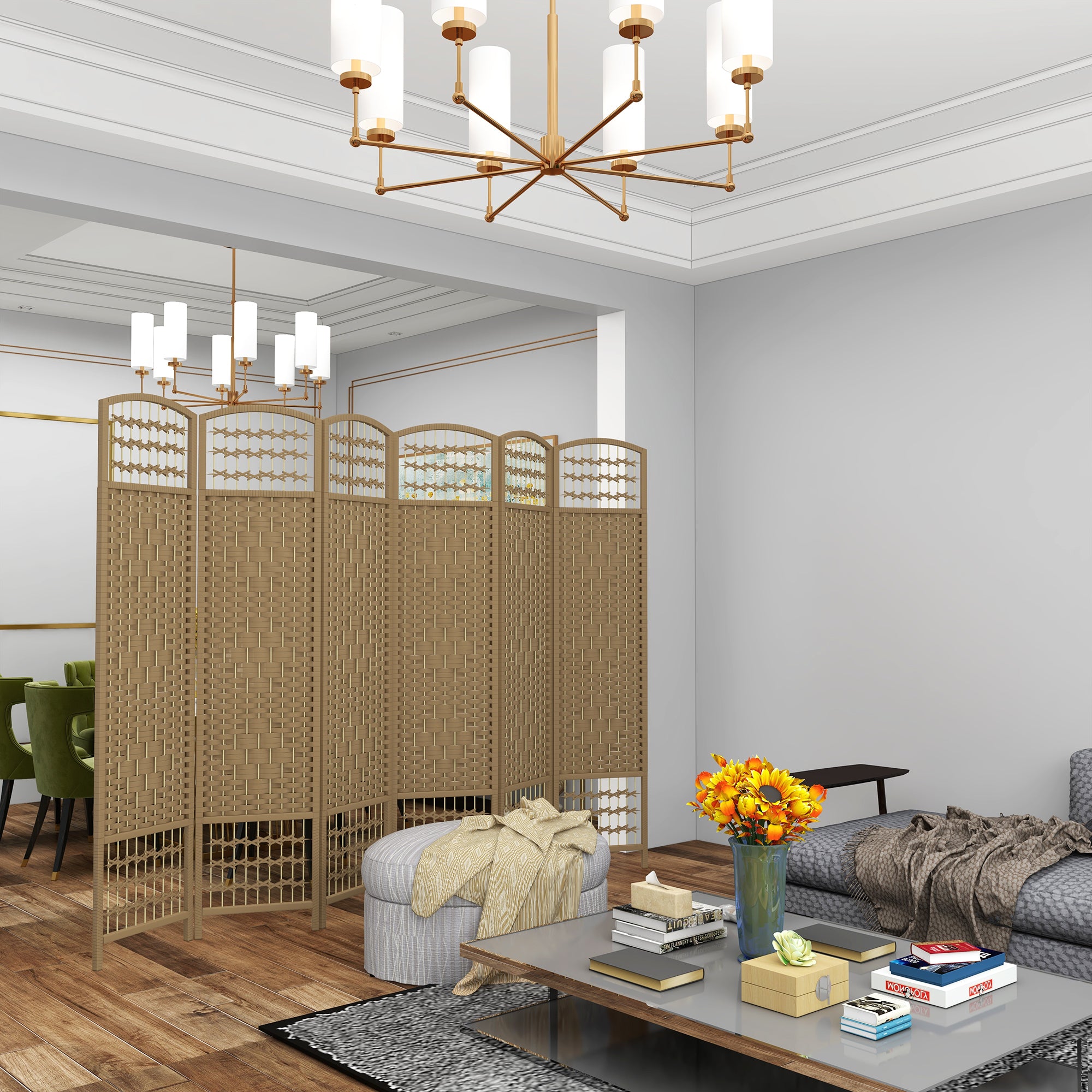 6 Panel Folding Room Divider, Portable Privacy Screen, Wave Fiber, Natural