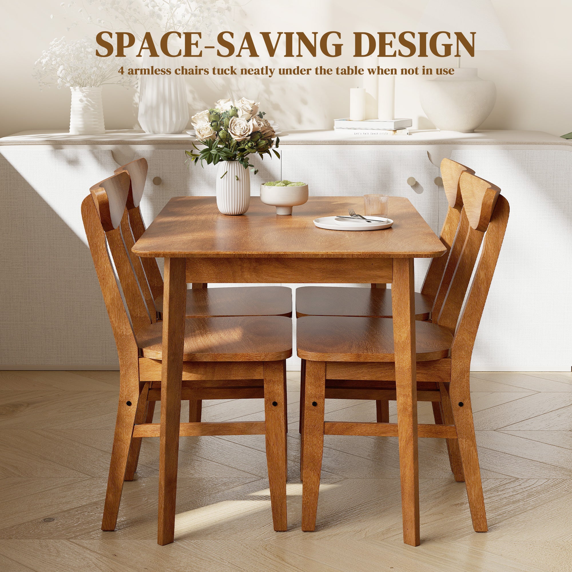 5-Piece Solid Wood Dining Table Set for 4, Farmhouse Kitchen Table and Chairs for Small Space, Dining Room, Breakfast Nook, Walnut