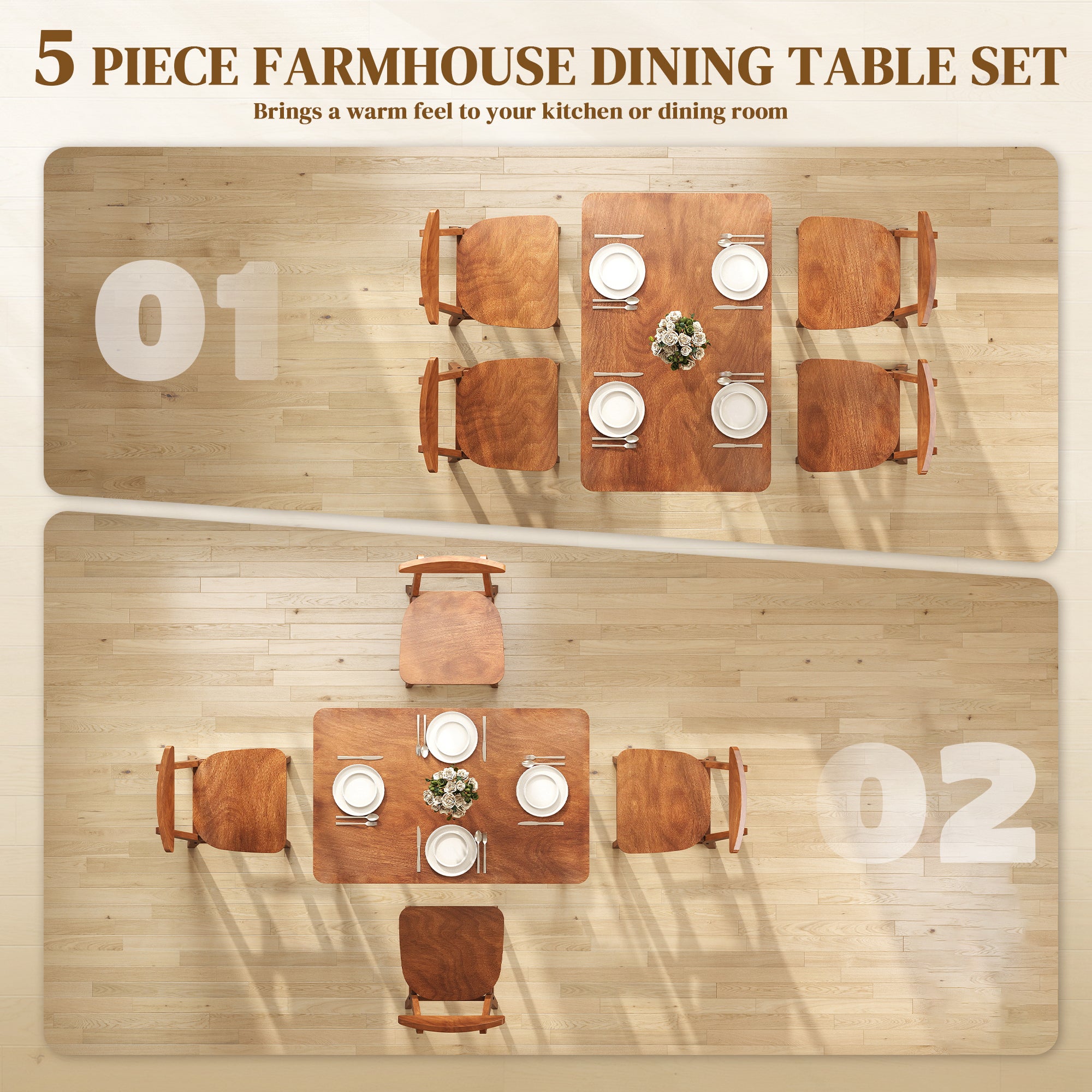 5-Piece Solid Wood Dining Table Set for 4, Farmhouse Kitchen Table and Chairs for Small Space, Dining Room, Breakfast Nook, Walnut
