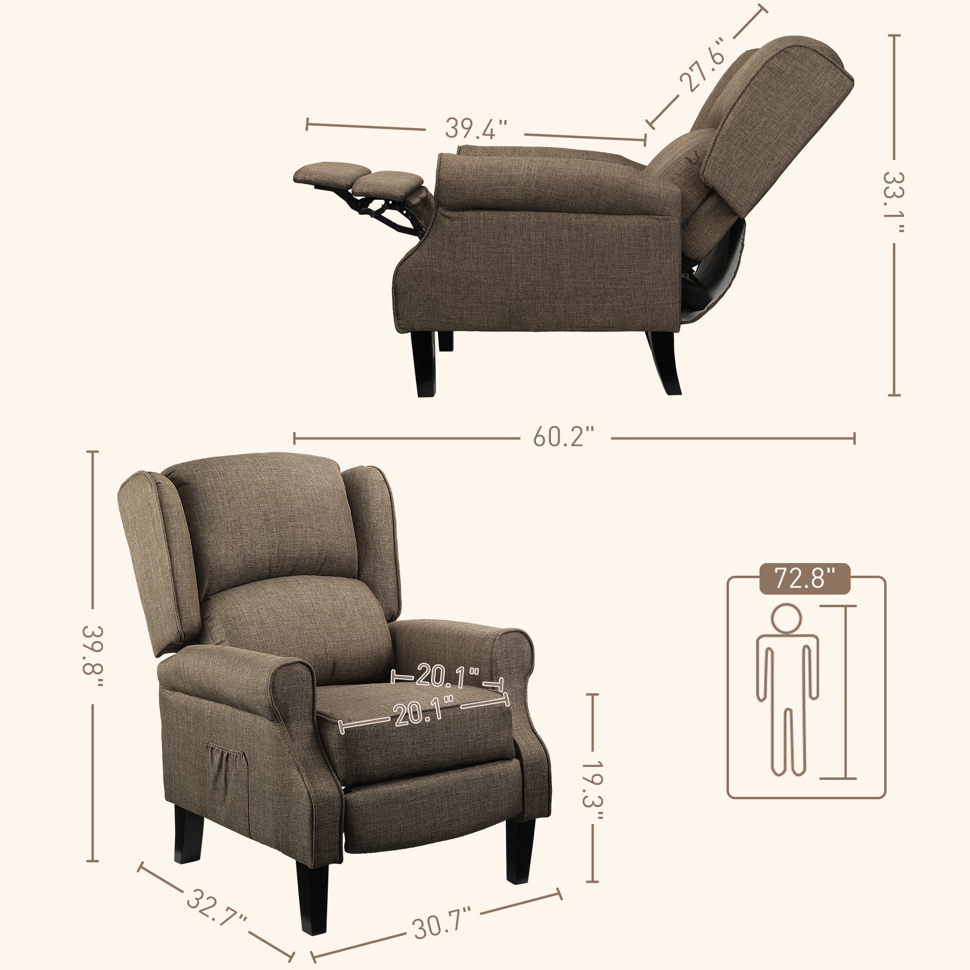 Heated Vibrating Massage Wingback Push Back Recliner Chair with Footrest, Brown