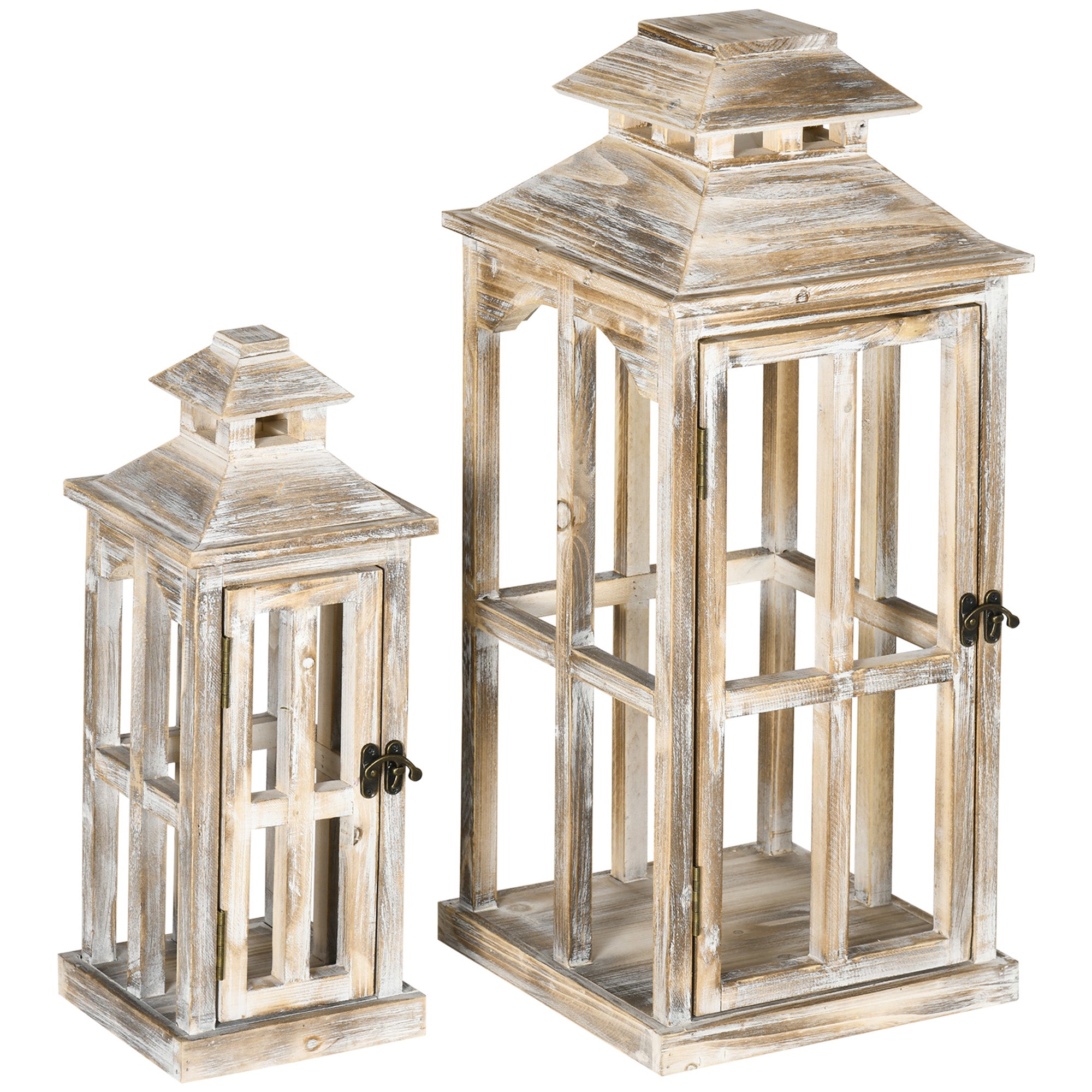 2 Pack 28"/20" Large Rustic Wooden Lantern Decorative, Indoor/Outdoor Lantern for Home Décor (No Glass), Natural