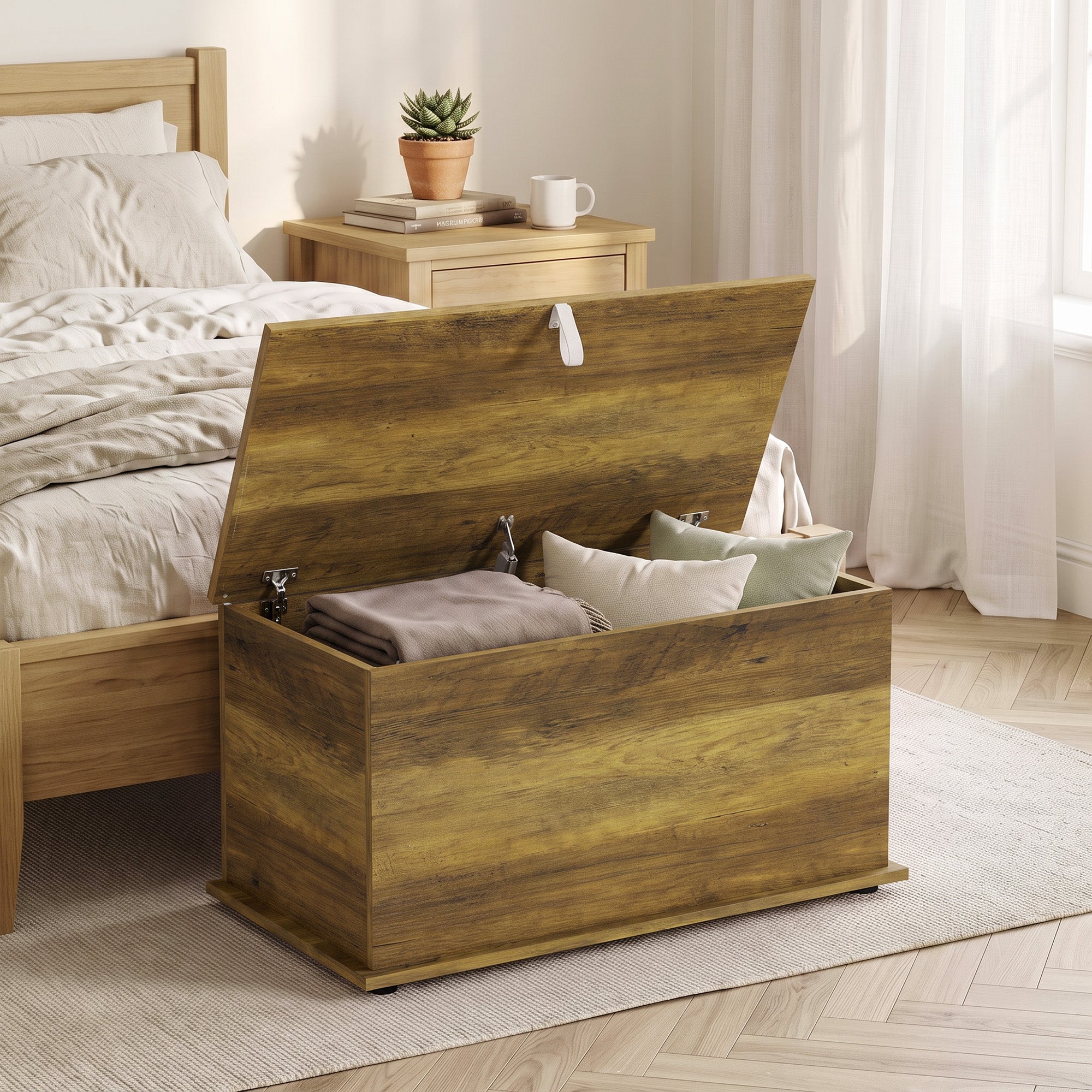 Storage Chest, Large 102L Blanket Box, Shoe Bench with Safety Hinged Lid, Storage Trunk, Bed End Bench for Bedroom, Hallway, Living room, Playroom, 80 x 40 x 45cm, Brown