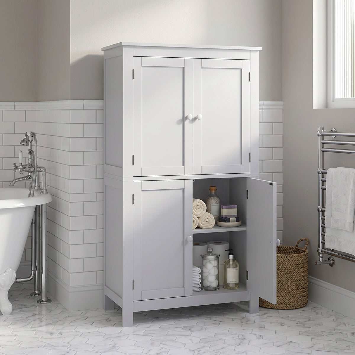 Tall Bathroom Cabinet, Freestanding Bathroom Cabinet with Hidden Storage and Adjustable Shelves, Living Room, White