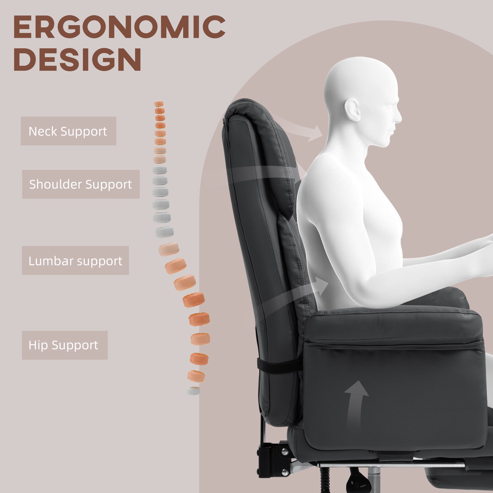 Executive Office Chair w/ Footrest & Lumbar Support, PU Leather Ergonomic Chair, Black