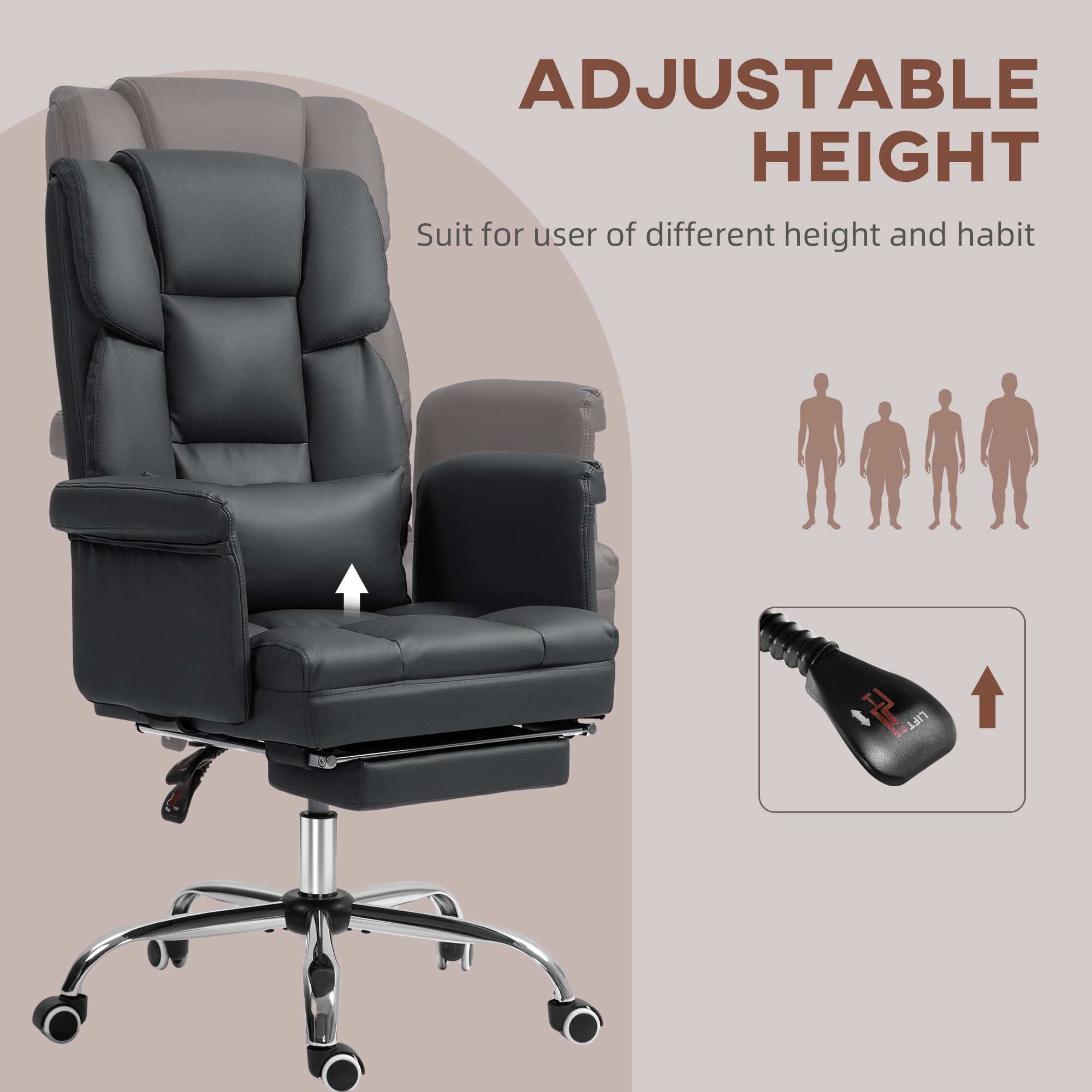 Executive Office Chair w/ Footrest & Lumbar Support, PU Leather Ergonomic Chair, Black