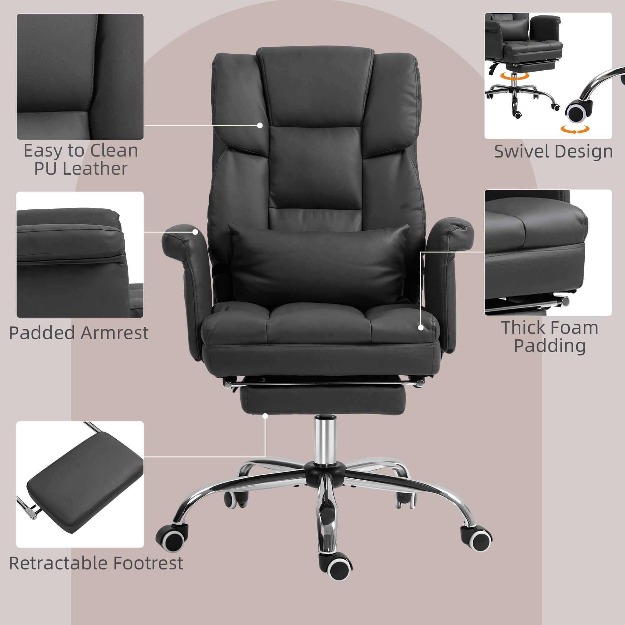 Executive Office Chair w/ Footrest & Lumbar Support, PU Leather Ergonomic Chair, Black