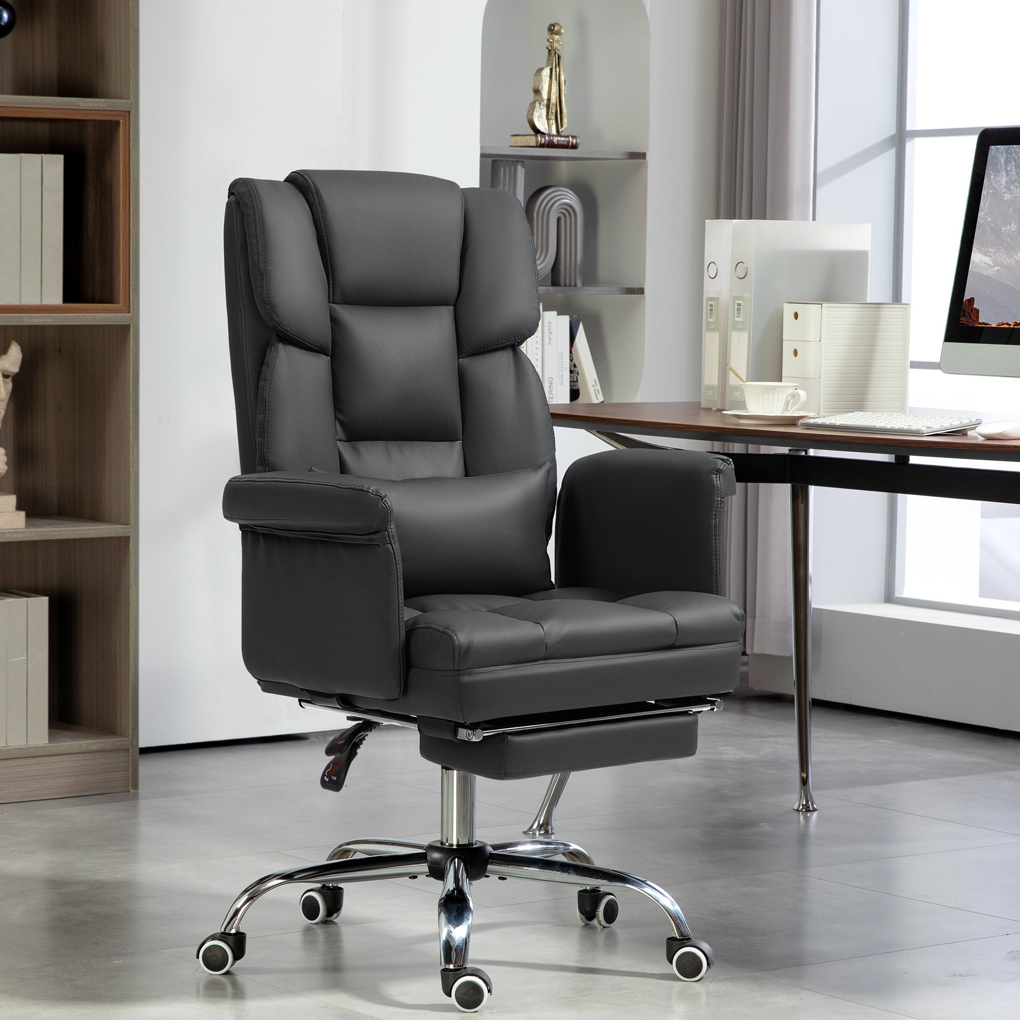 Executive Office Chair w/ Footrest & Lumbar Support, PU Leather Ergonomic Chair, Black