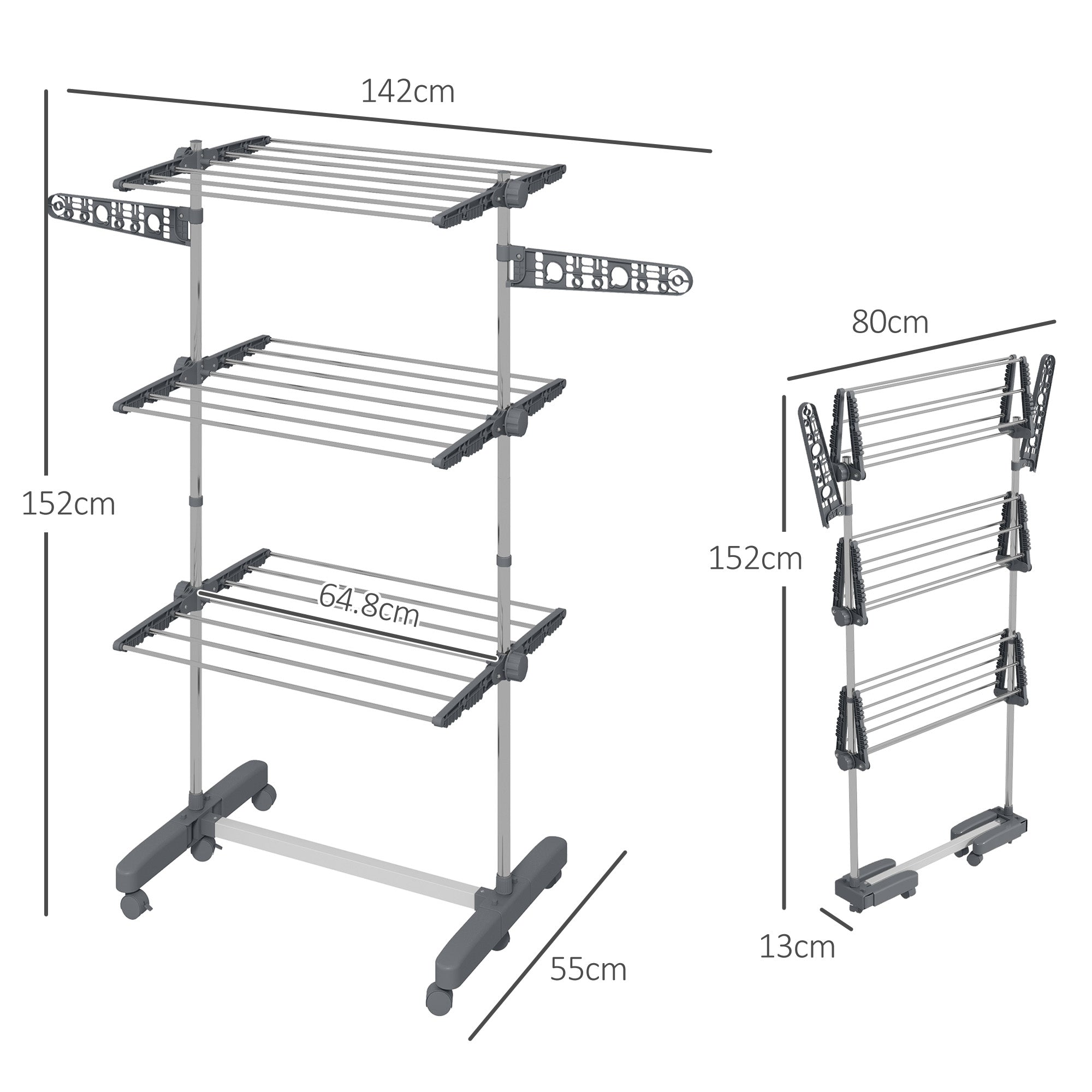HOMCOM 3-Tier Clothes Airer, Foldable Clothes Drying Rack, Stainless Steel Indoor and Outdoor Clothes Dryer with Wheels and Wings, Easy Assembly, 142 x 55 x 152cm, Grey