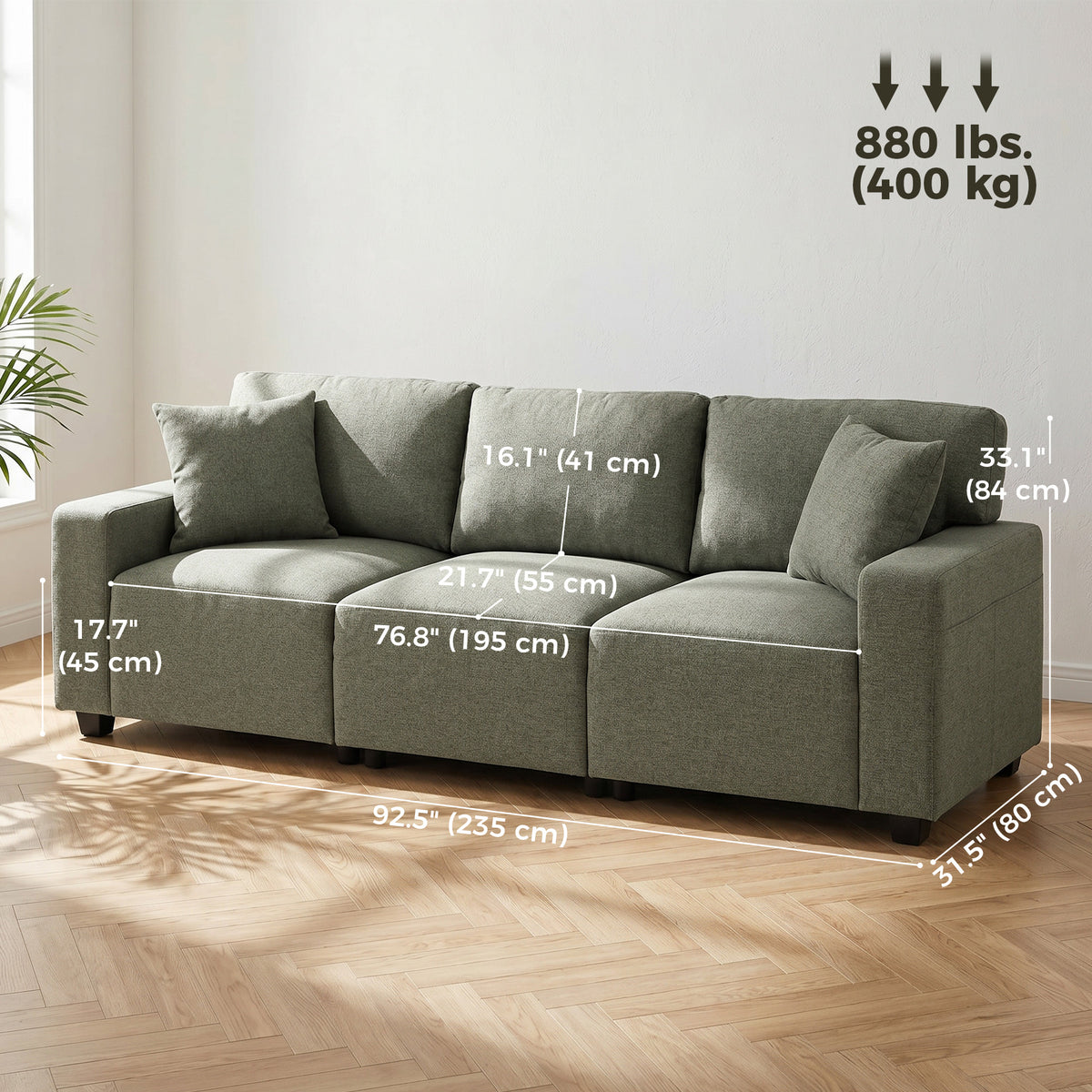 3 Seater Sofa, Linen-Look Fabric Upholstered Small Couch, Modern Sofa Settee with Storage Pockets, Pocket Springs and 2 Pillows for Living Room, Green