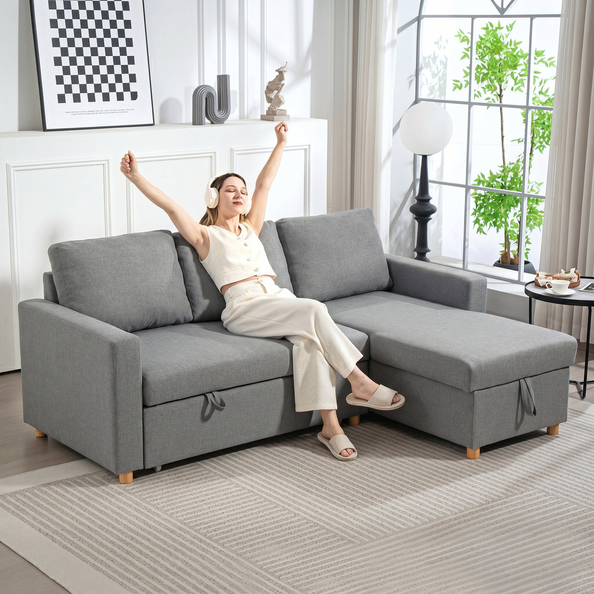 83" Sofa Bed, Convertible Pull Out Sleeper Sofa, Linen L Shaped Sectional Couch with Reversible Storage Chaise, Wide and Deep Seat for Living Room, Apartment, Light Grey