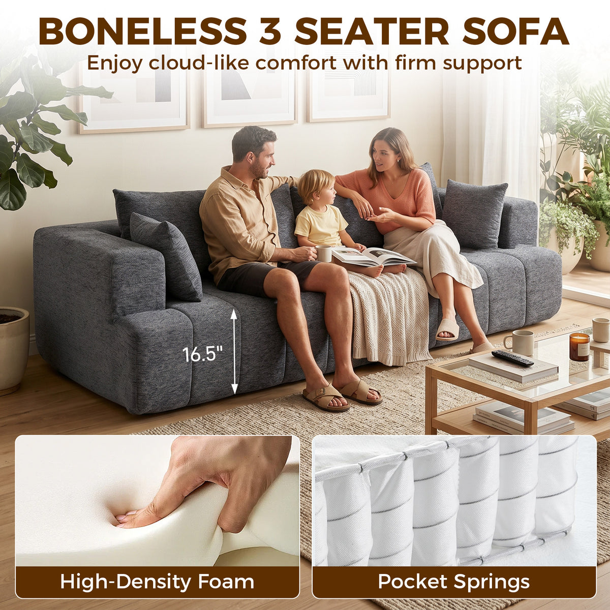 3 Seater Sofa, Chenille Boneless Cloud Couch with Thick Spring Cushion, Wide and Deep Seat, Wide Armrests, 2 Pillows, Anti-Slip Bottom, Modern Sofa Settee for Living Room, Grey