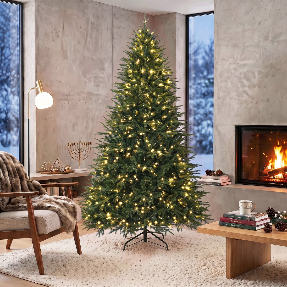 7.5ft Pre-lit Classic Artificial Christmas Tree, Hinged Realistic Xmas Tree with 3,719 Branch Tips, 1000 Warm White LED Lights, Foldable Metal Stand, Home Office, Party Decoration, Green
