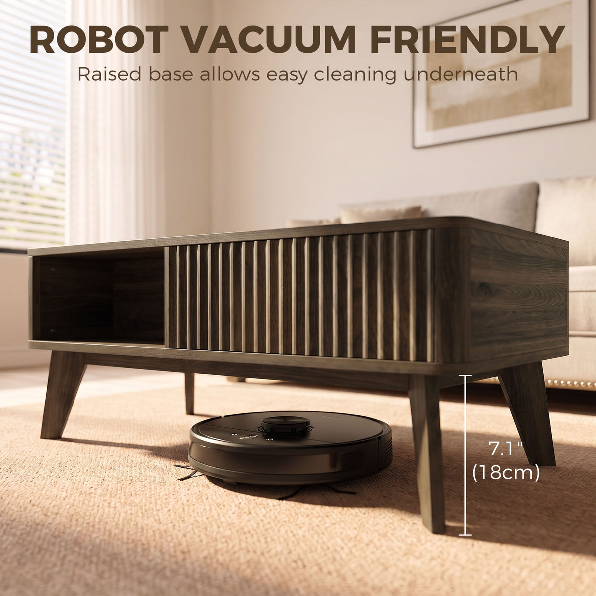 40" Fluted Lift Top Coffee Table with Storage, Mid-Century Modern Coffee Table with Hidden Compartment, Open Shelf and Rounded Corners for Living Room, Walnut
