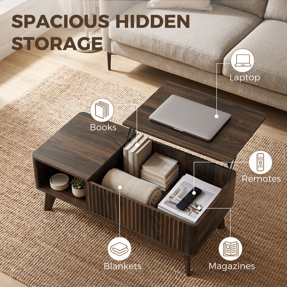 40" Fluted Lift Top Coffee Table with Storage, Mid-Century Modern Coffee Table with Hidden Compartment, Open Shelf and Rounded Corners for Living Room, Walnut