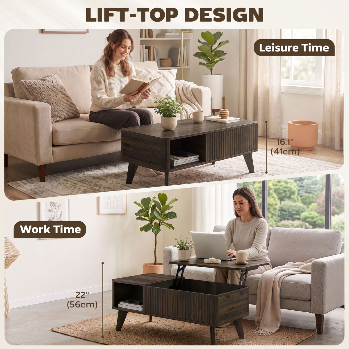 40" Fluted Lift Top Coffee Table with Storage, Mid-Century Modern Coffee Table with Hidden Compartment, Open Shelf and Rounded Corners for Living Room, Walnut