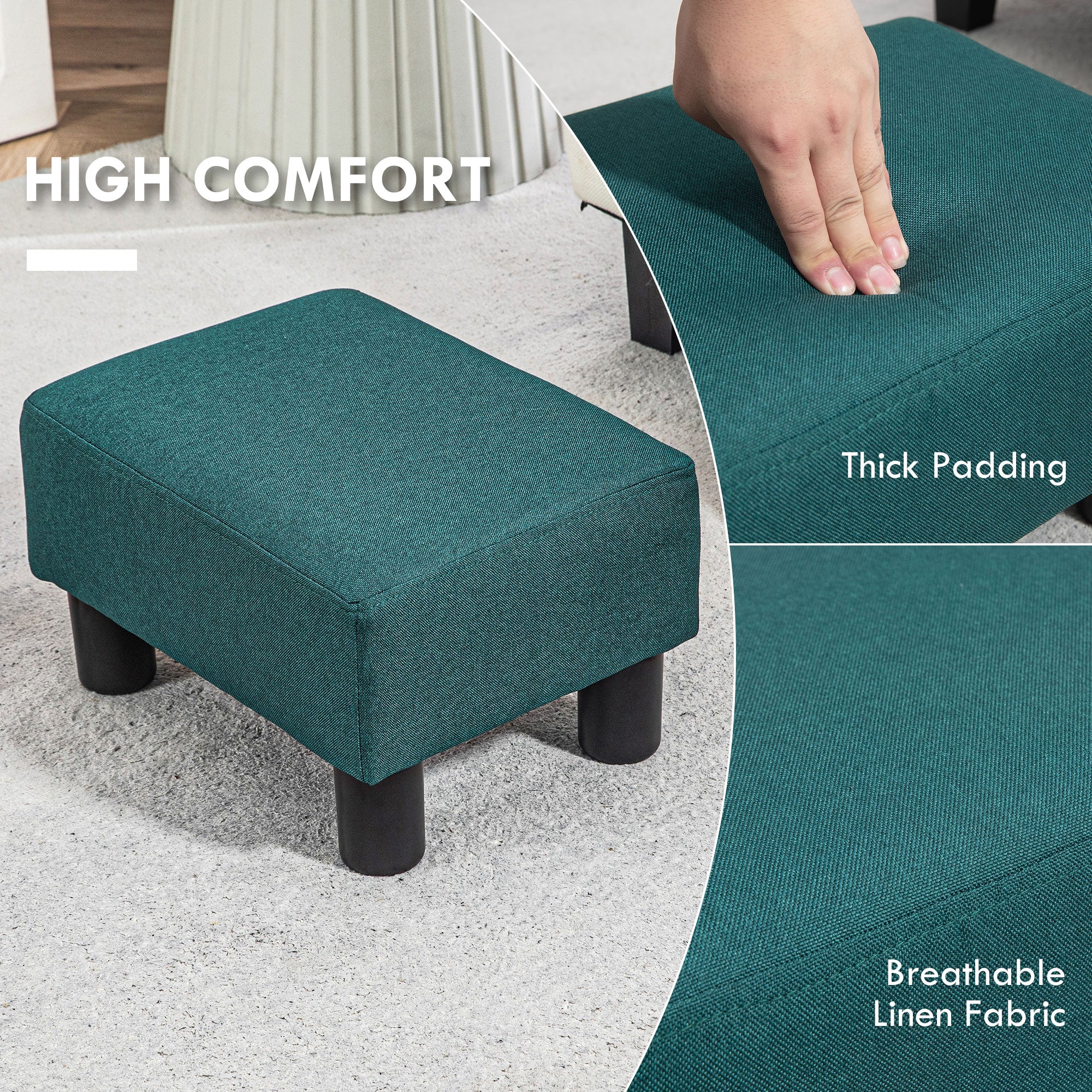 Small Ottoman Foot Rest with Linen Fabric Upholstery & Plastic Legs, Cube, Green