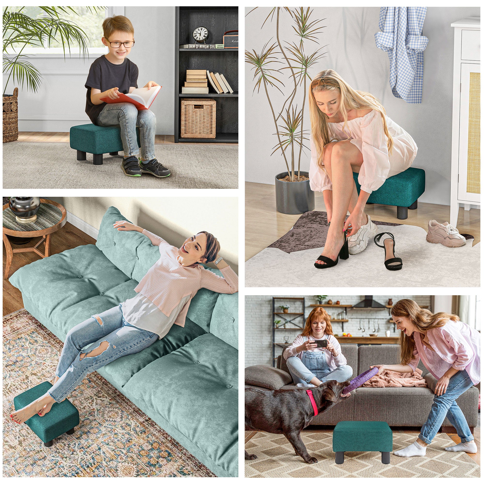 Small Ottoman Foot Rest with Linen Fabric Upholstery & Plastic Legs, Cube, Green