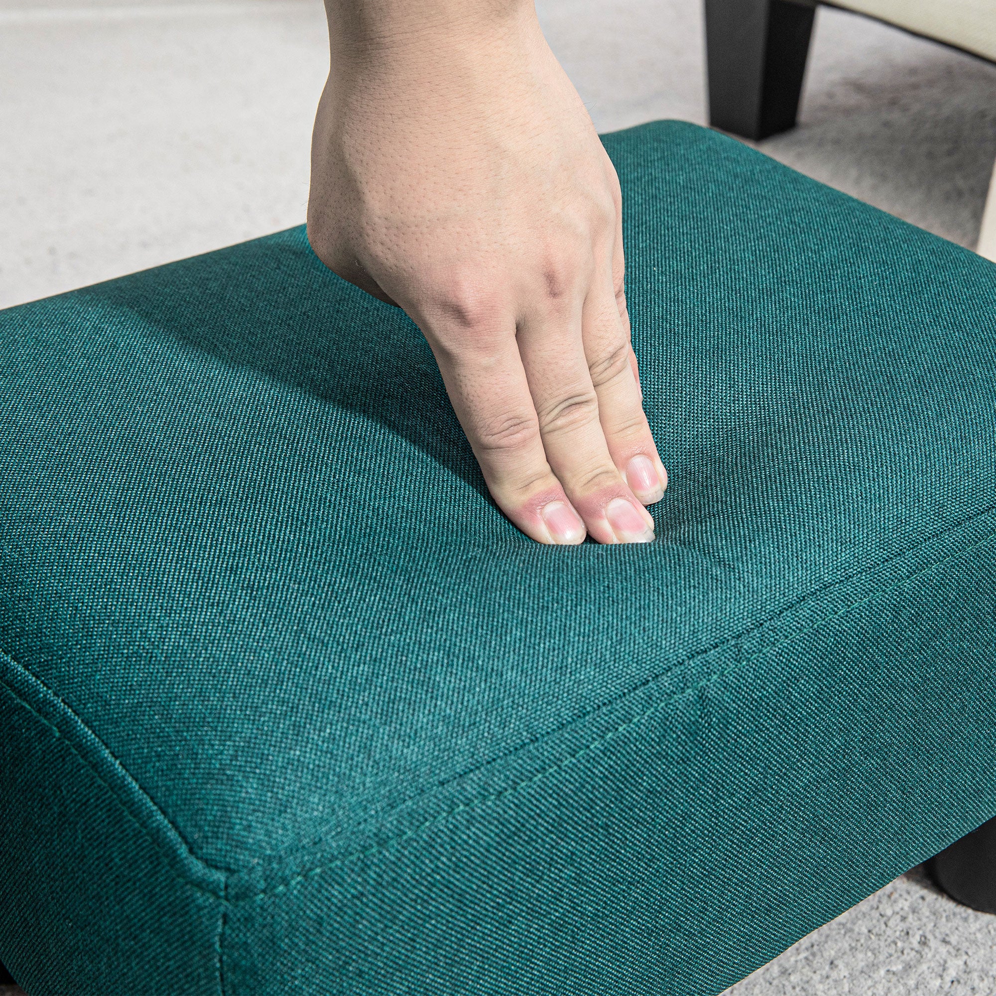 Small Ottoman Foot Rest with Linen Fabric Upholstery & Plastic Legs, Cube, Green