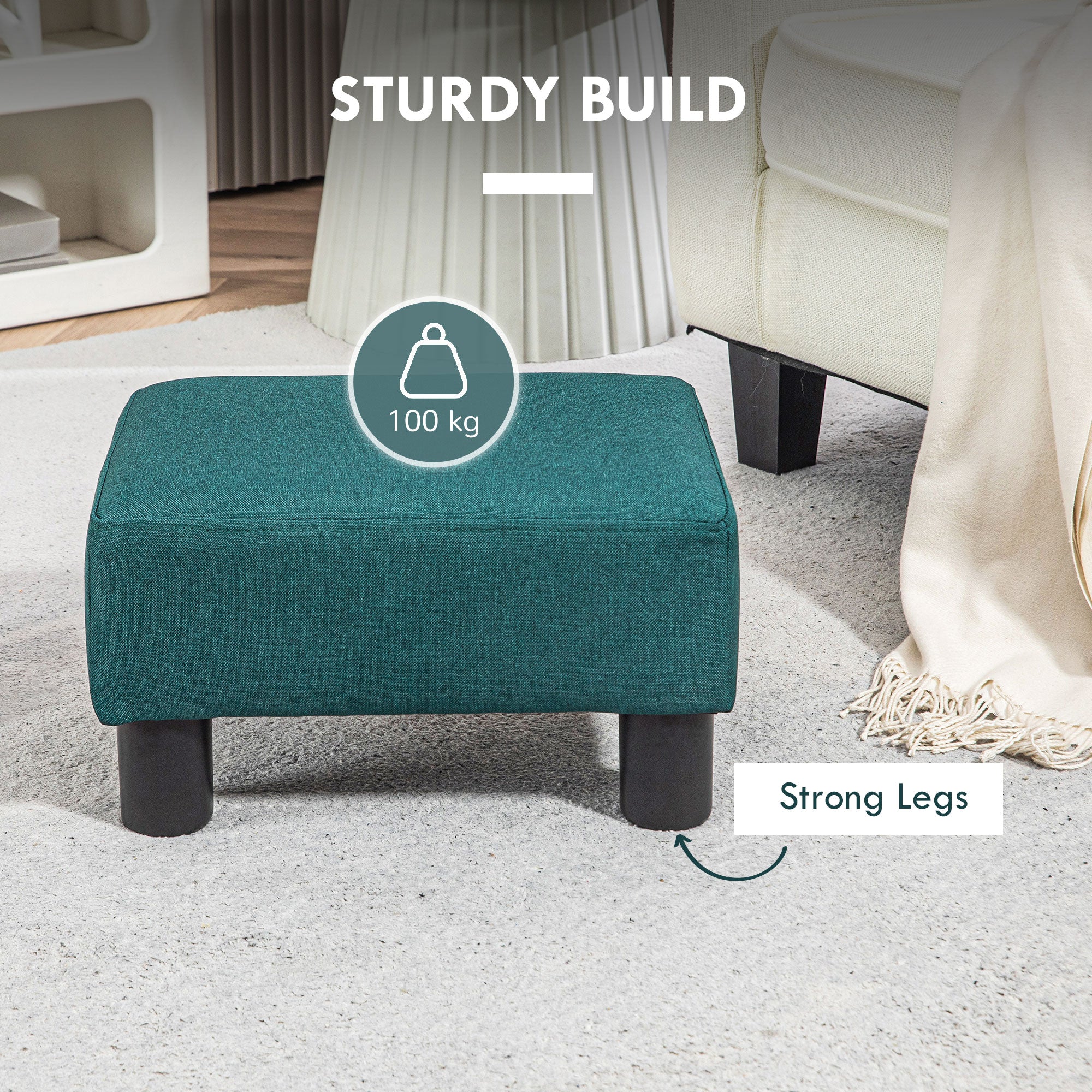 Small Ottoman Foot Rest with Linen Fabric Upholstery & Plastic Legs, Cube, Green