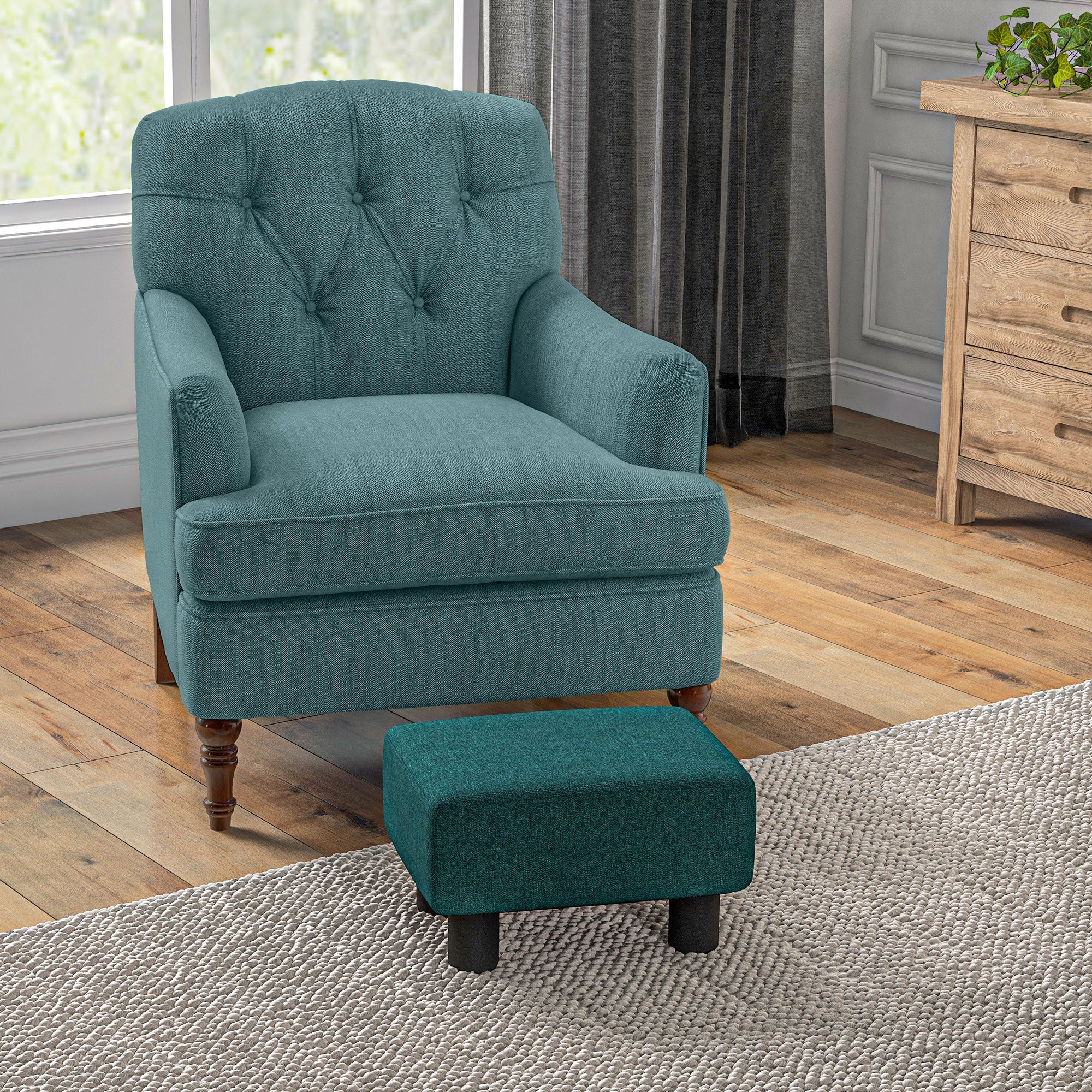 Small Ottoman Foot Rest with Linen Fabric Upholstery & Plastic Legs, Cube, Green