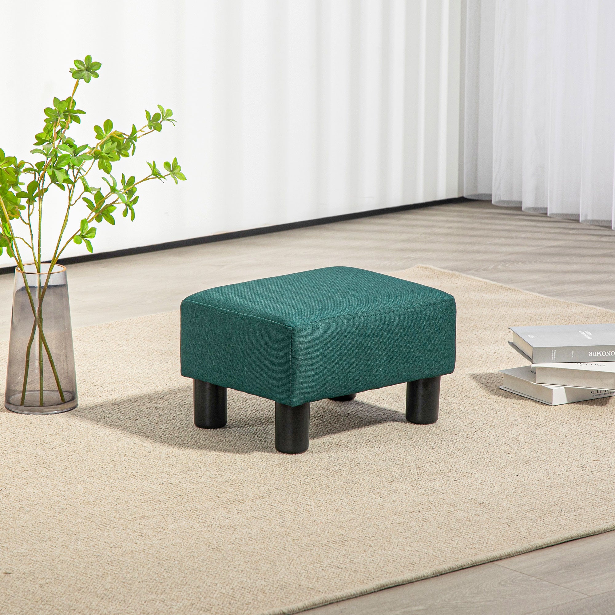 Small Ottoman Foot Rest with Linen Fabric Upholstery & Plastic Legs, Cube, Green
