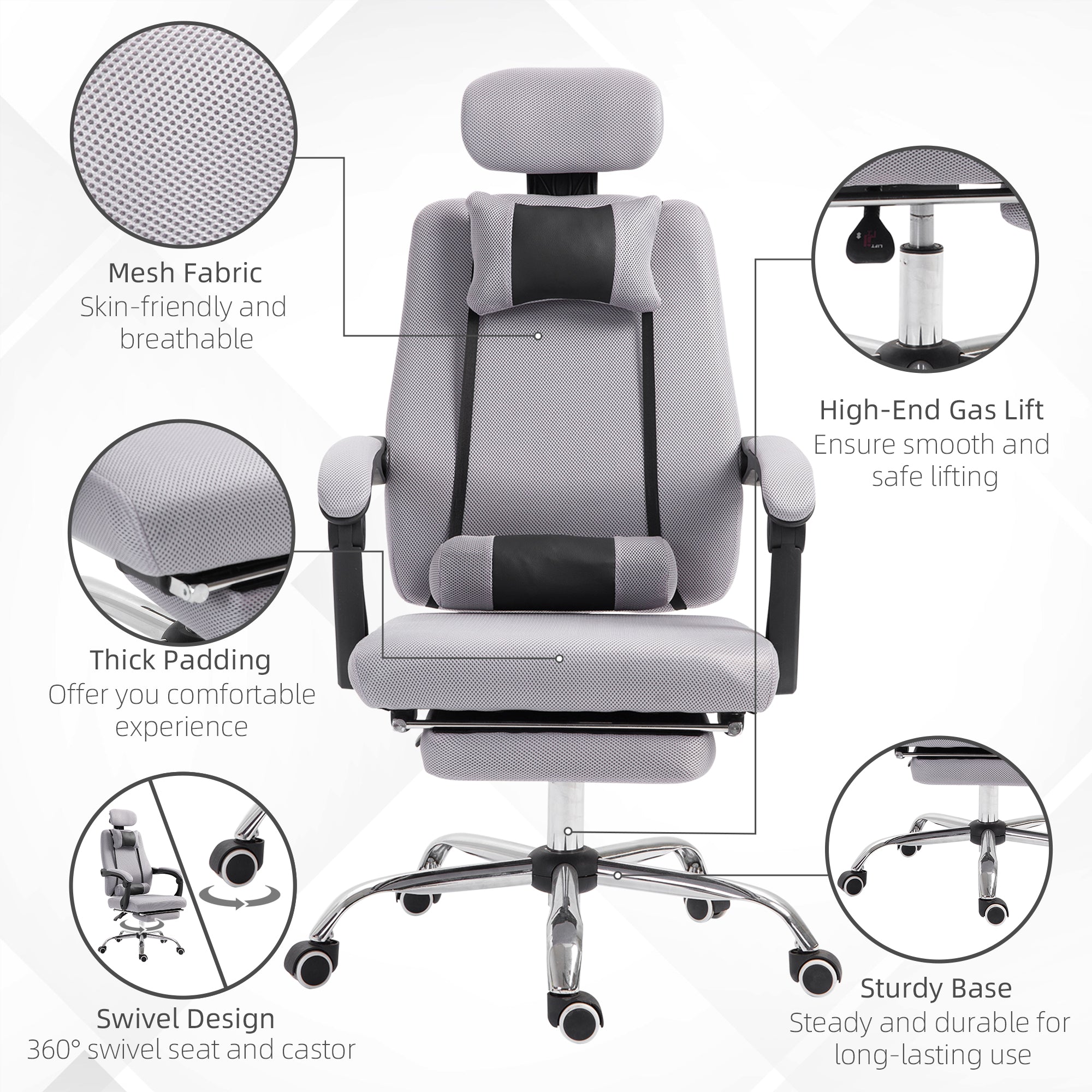 Vinsetto Office Chair Ergonomic Executive Mesh Chair Gaming Seat Lumbar Support w/ Footrest Headrest Grey