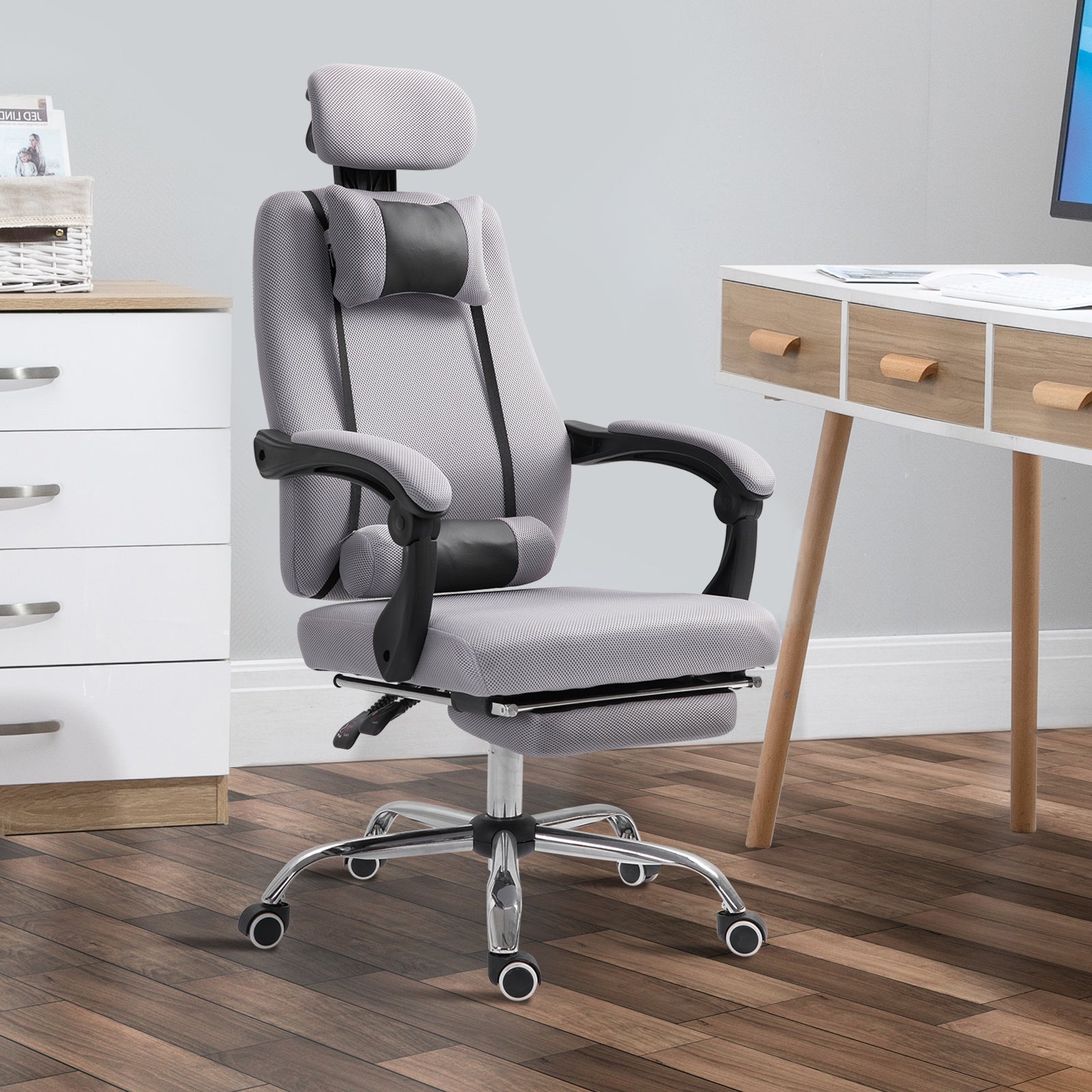 Vinsetto Office Chair Ergonomic Executive Mesh Chair Gaming Seat Lumbar Support w/ Footrest Headrest Grey