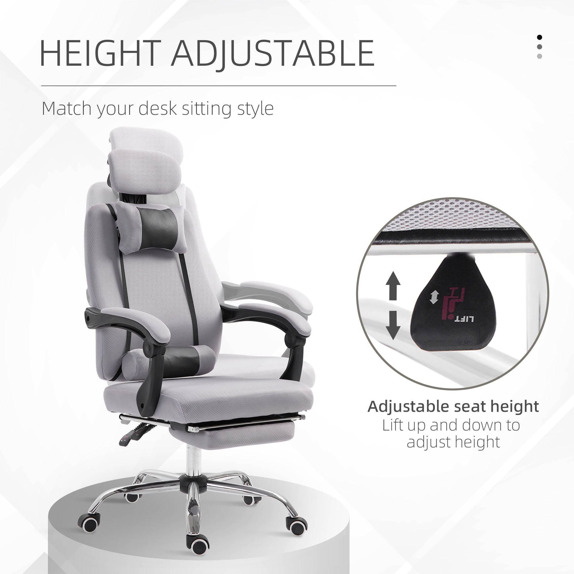 Vinsetto Office Chair Ergonomic Executive Mesh Chair Gaming Seat Lumbar Support w/ Footrest Headrest Grey