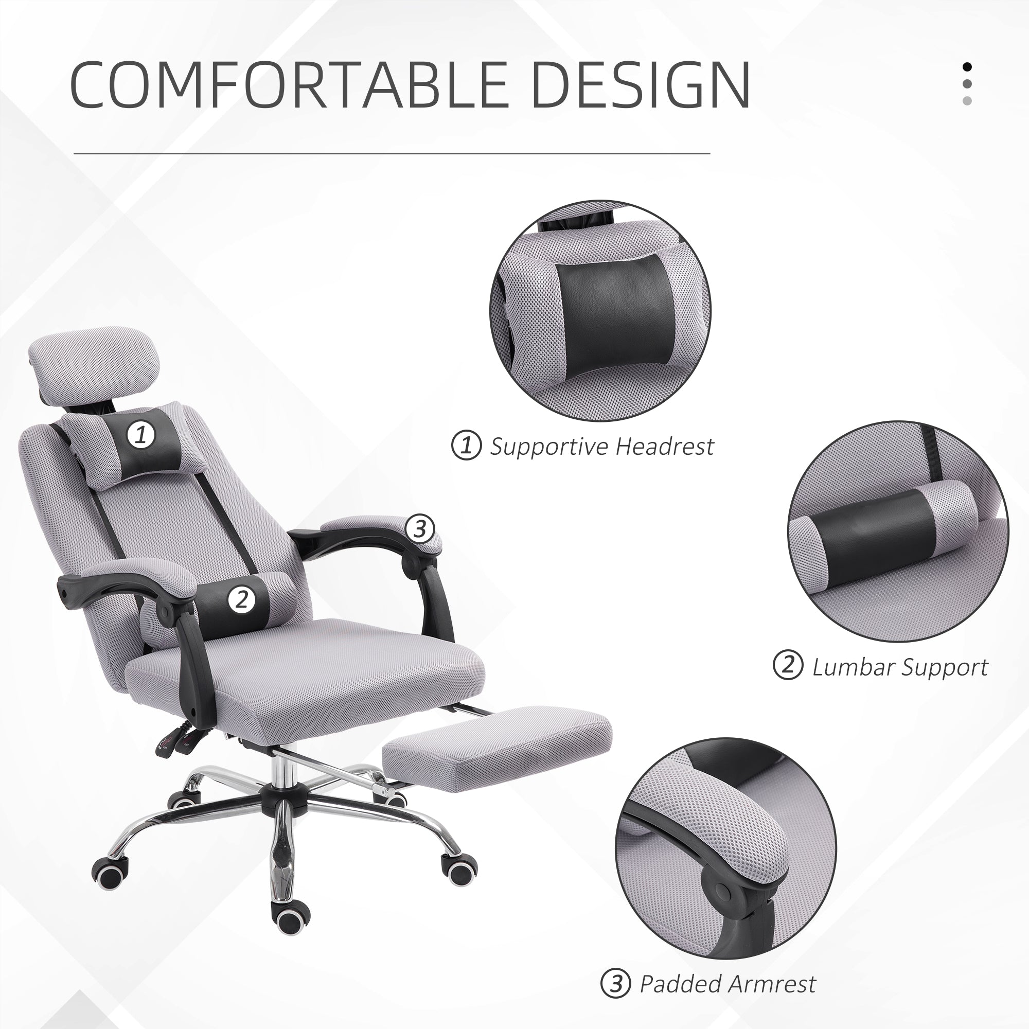 Vinsetto Office Chair Ergonomic Executive Mesh Chair Gaming Seat Lumbar Support w/ Footrest Headrest Grey