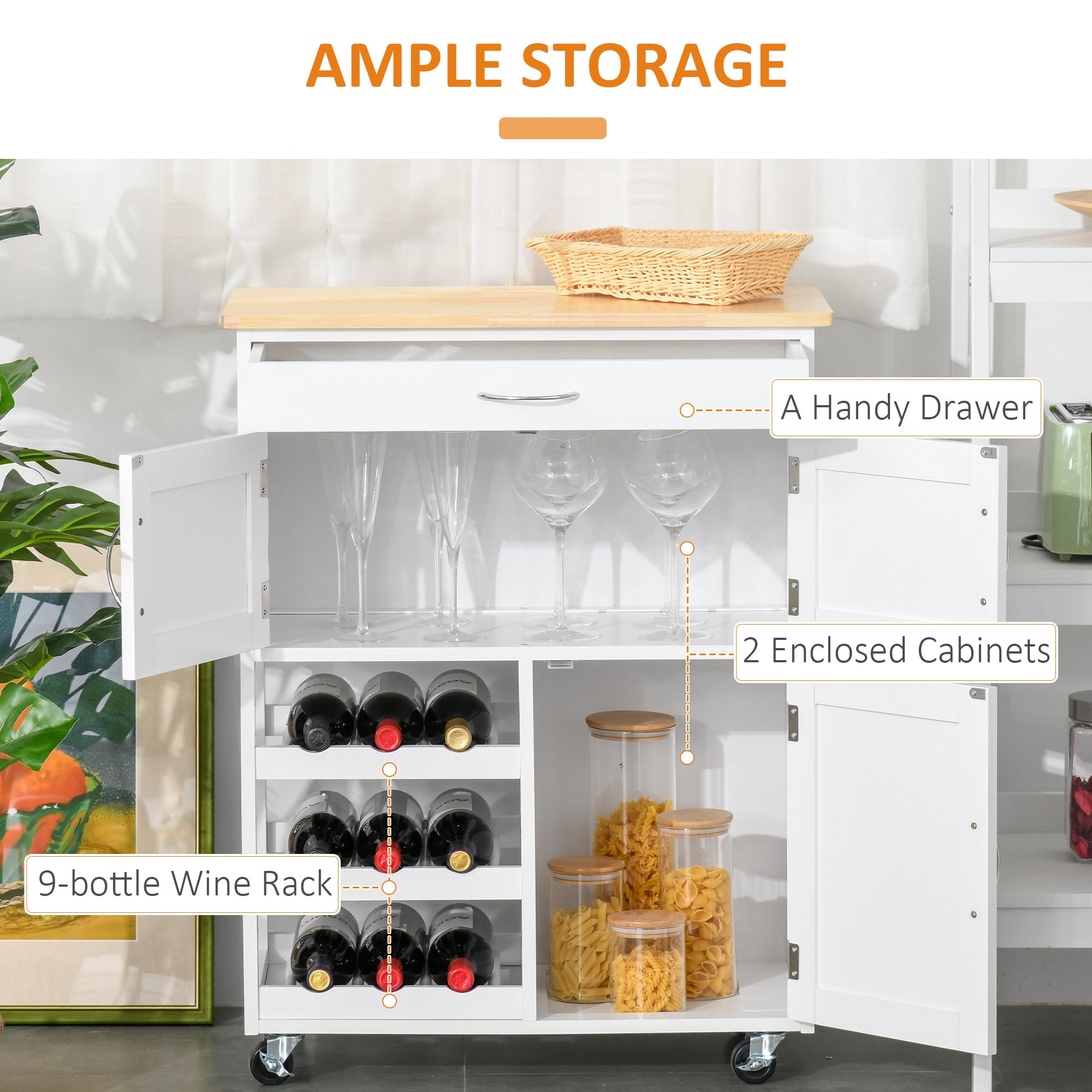 Rolling Kitchen Cart Kitchen Island w/ Drawer, 9 bottle Wine Rack & Door Cabinets, White