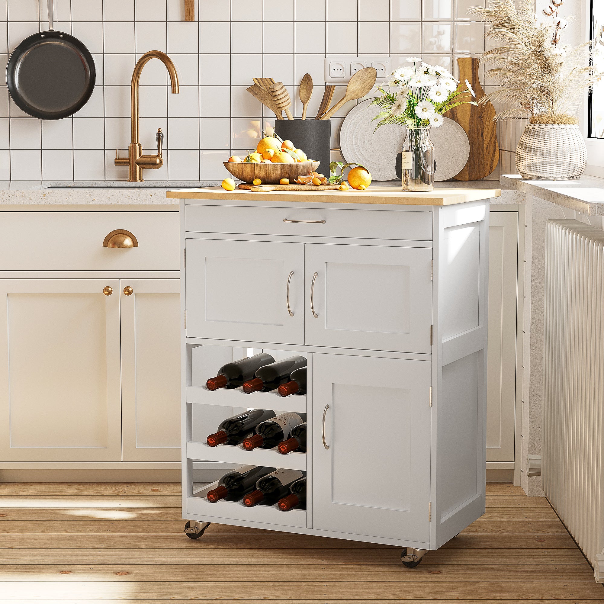 Rolling Kitchen Cart Kitchen Island w/ Drawer, 9 bottle Wine Rack & Door Cabinets, White