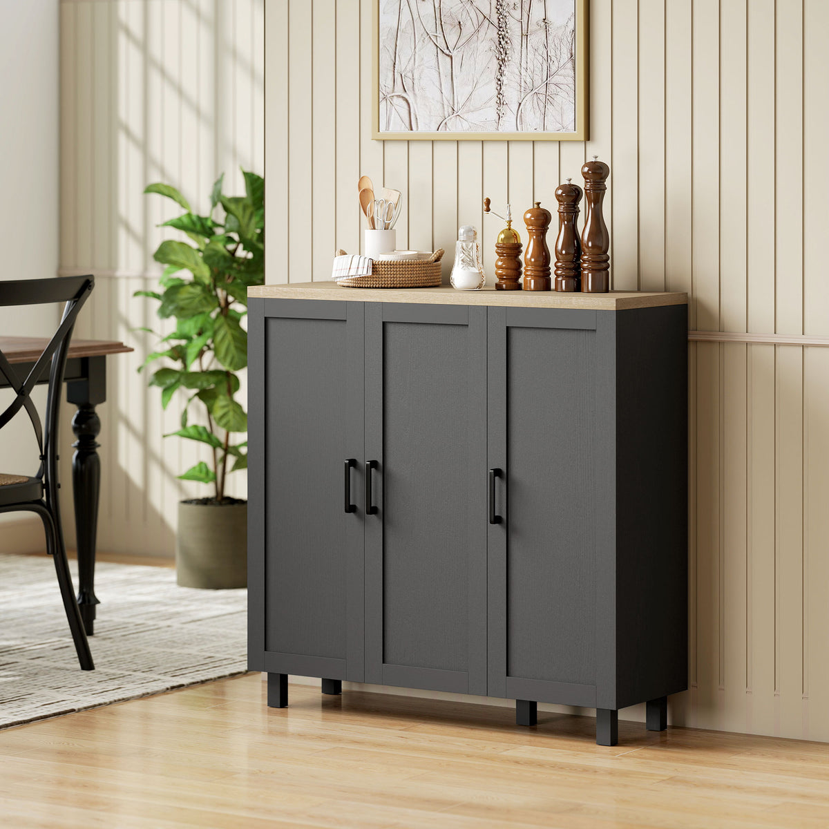Sideboard Buffet Cabinet, Kitchen Storage Cabinet with 3 Doors and Adjustable Shelves for Living Room, Kitchen, Dining Room, Black