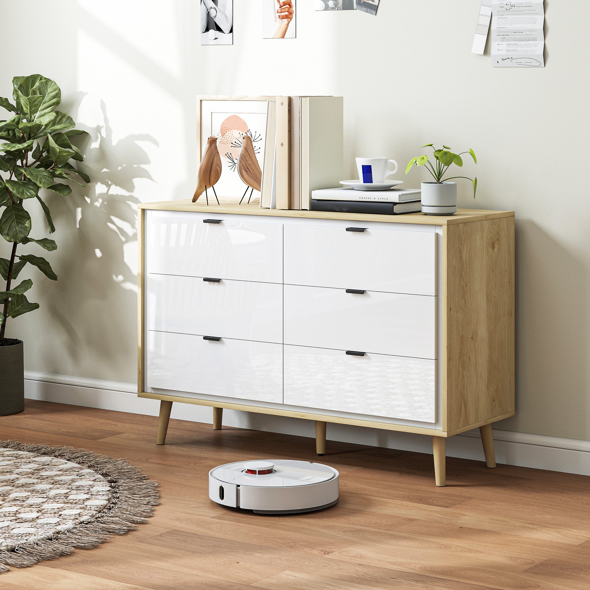 Chest of Drawers, 6 Drawer Dresser, Storage Cabinet with 6 Drawers and 5 Legs for Bedroom, Living Room, High Gloss White