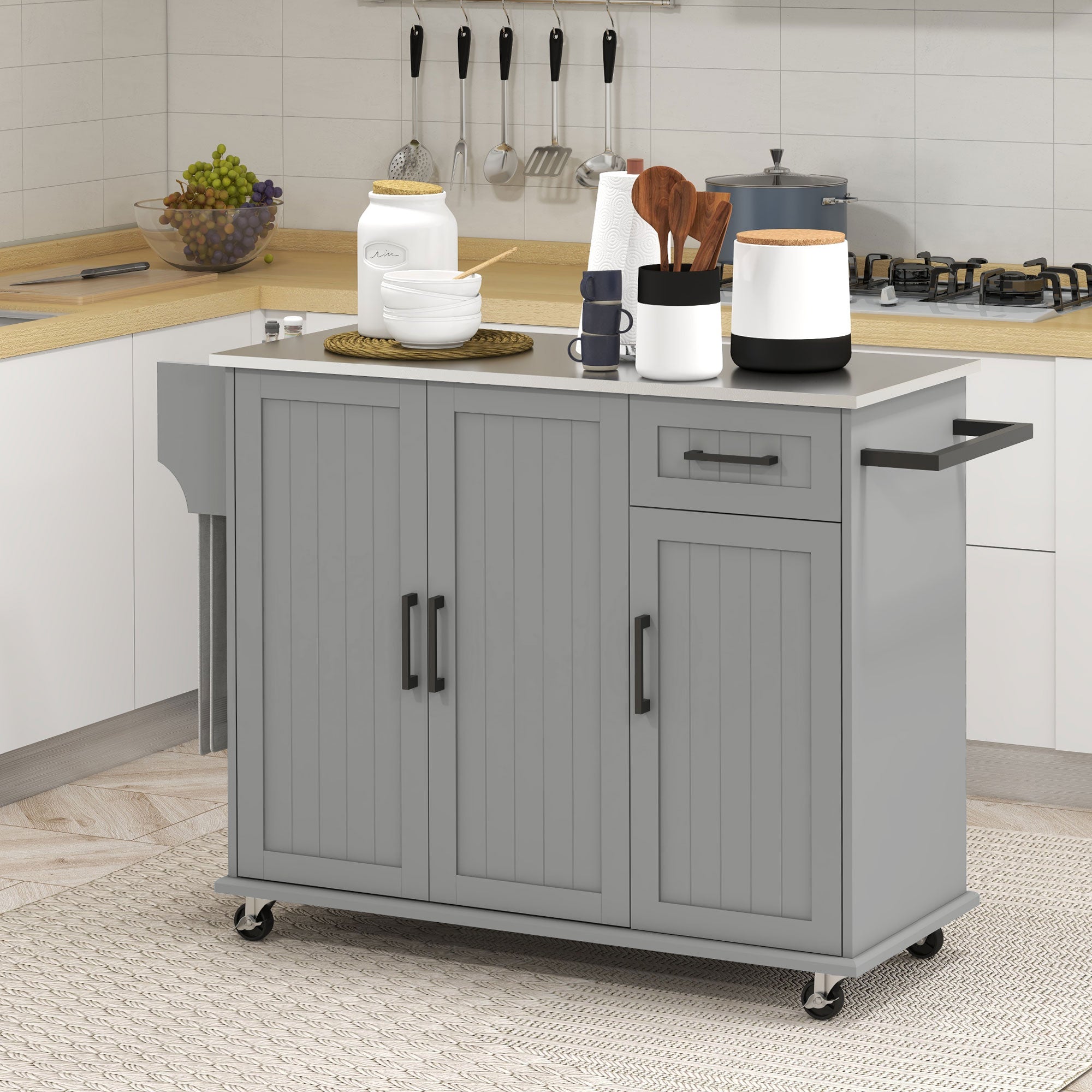 36" Rolling Kitchen Island w/ Steel Countertop, 3 Cabinets & Storage Racks, Gray