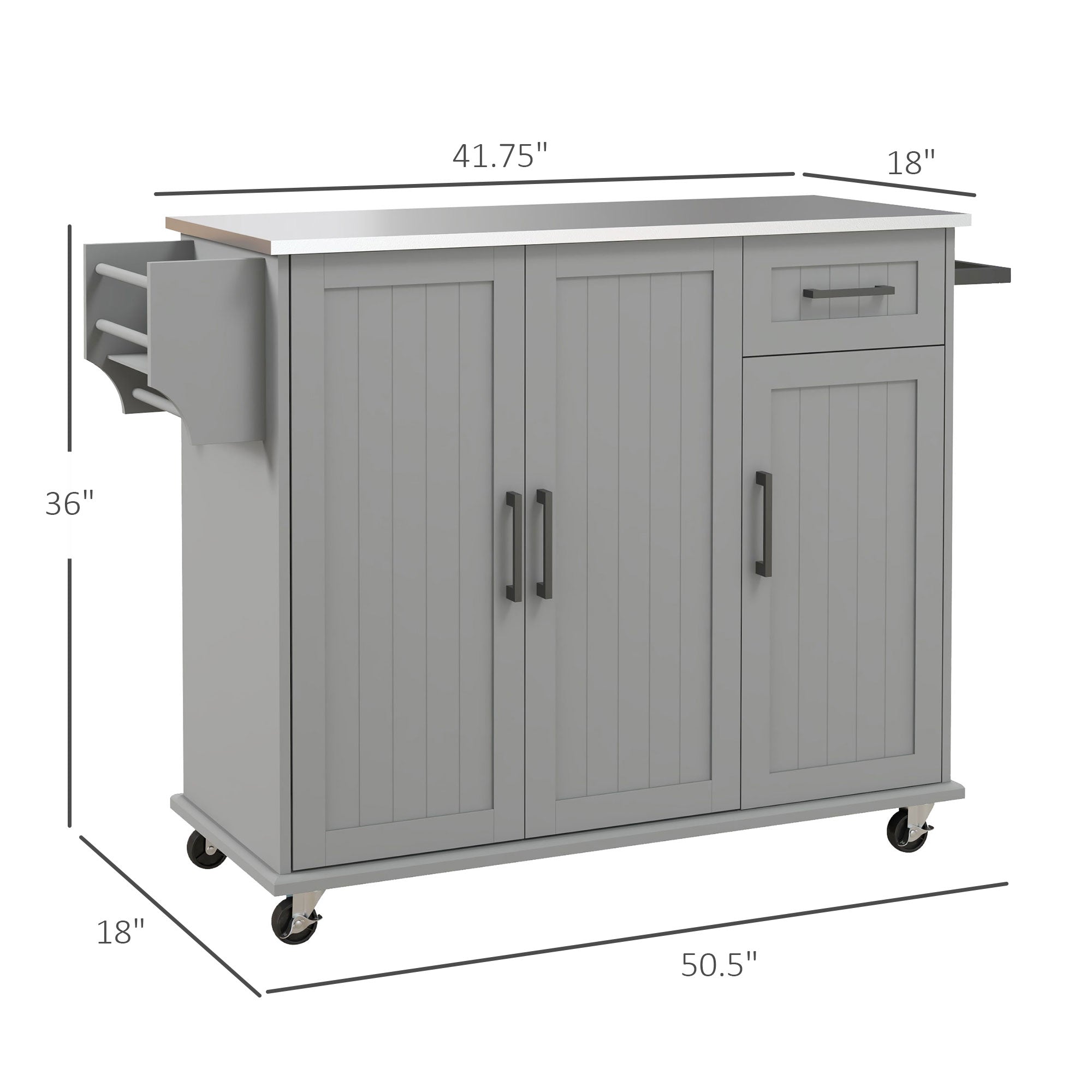 36" Rolling Kitchen Island w/ Steel Countertop, 3 Cabinets & Storage Racks, Gray