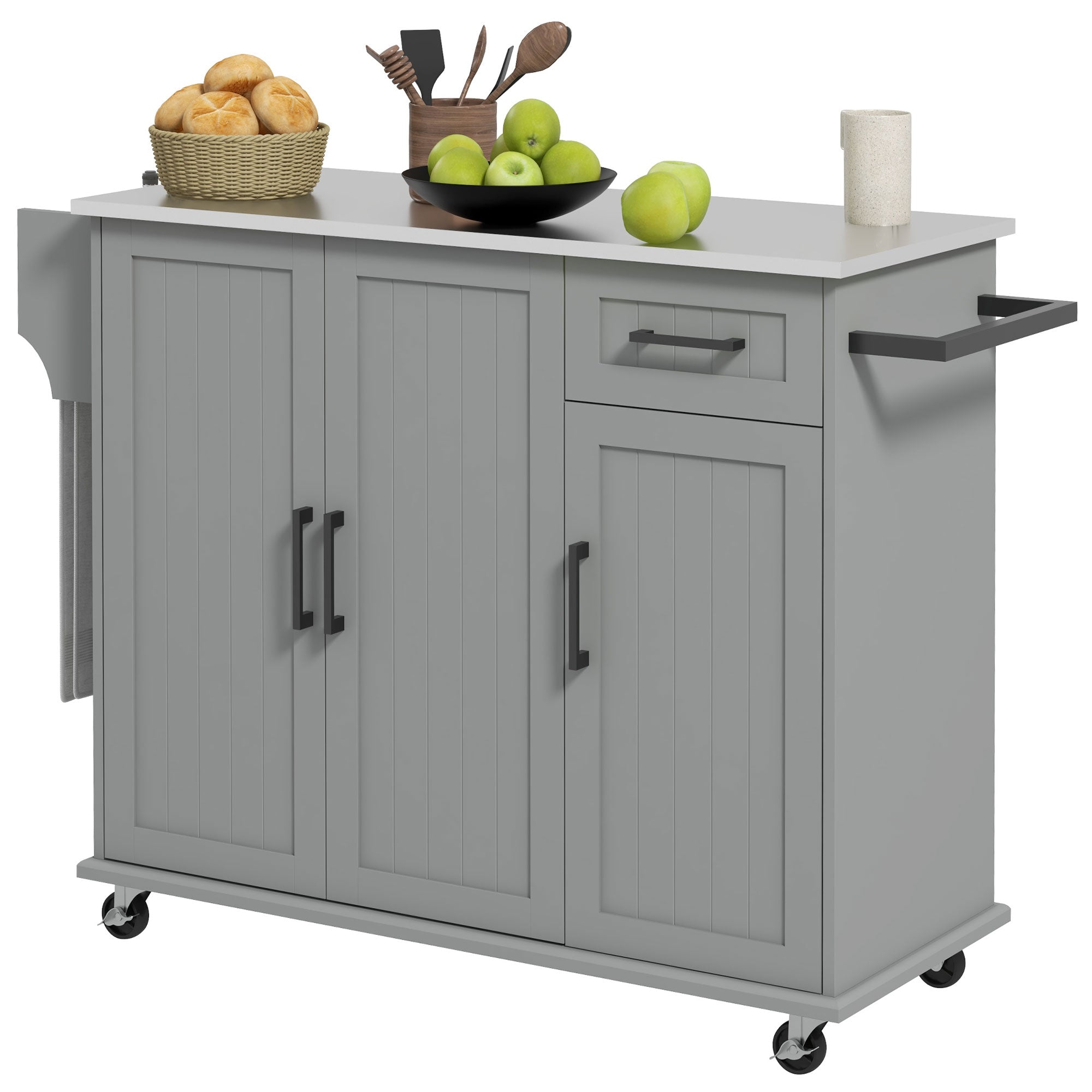 36" Rolling Kitchen Island w/ Steel Countertop, 3 Cabinets & Storage Racks, Gray