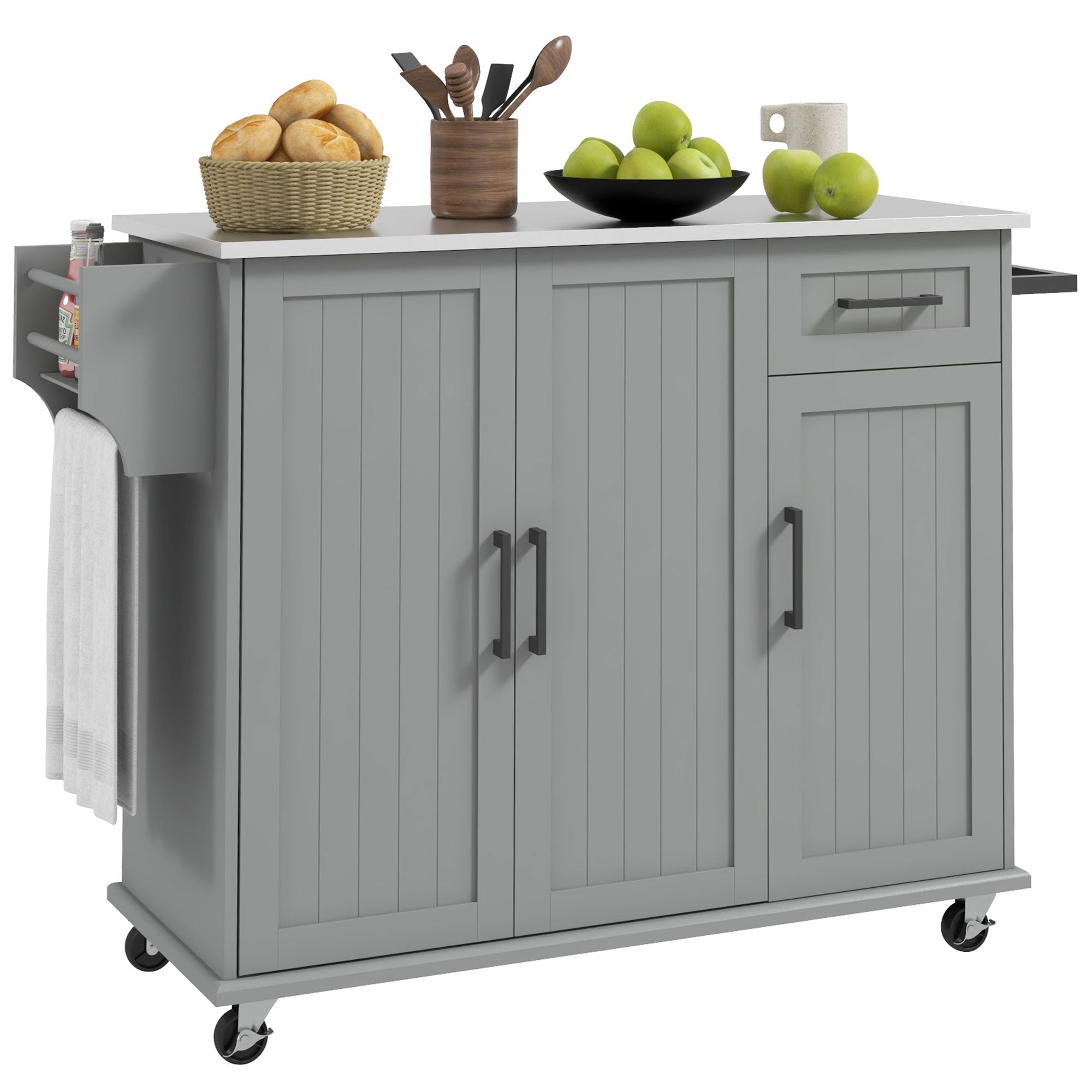 36" Rolling Kitchen Island w/ Steel Countertop, 3 Cabinets & Storage Racks, Gray